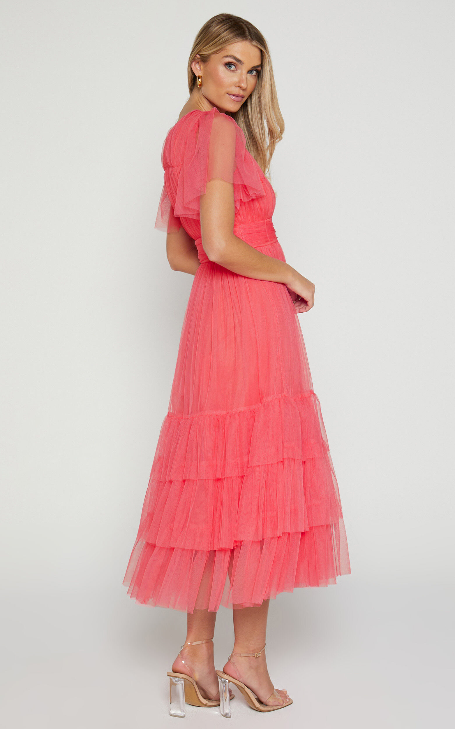 Jiraye Midi Dress - Flutter Sleeve Tuelle Plunge Dress in Coral