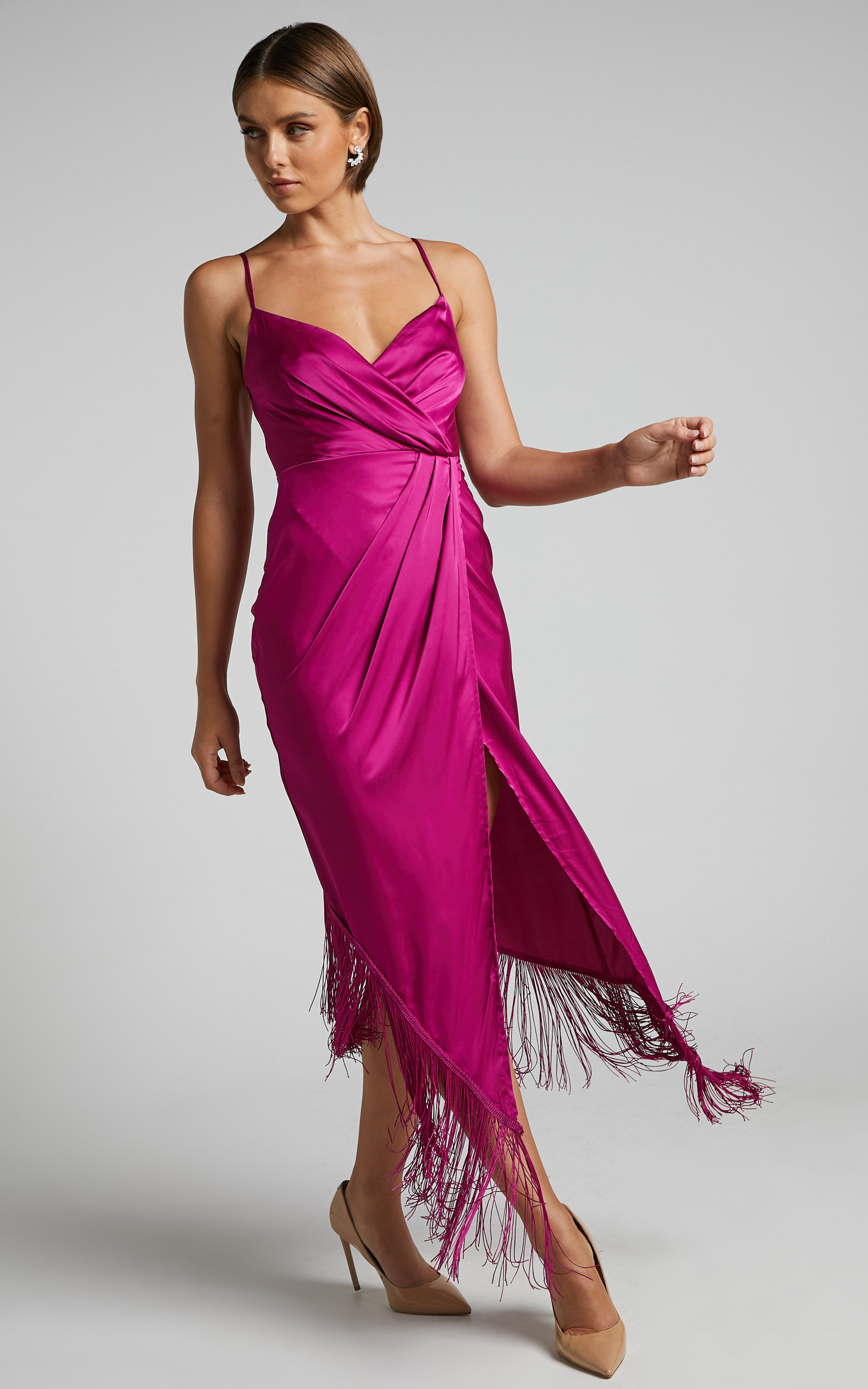 Rholie Midi Dress - Plunge Neck Fringe Hem Fixed Wrap Dress in Pink