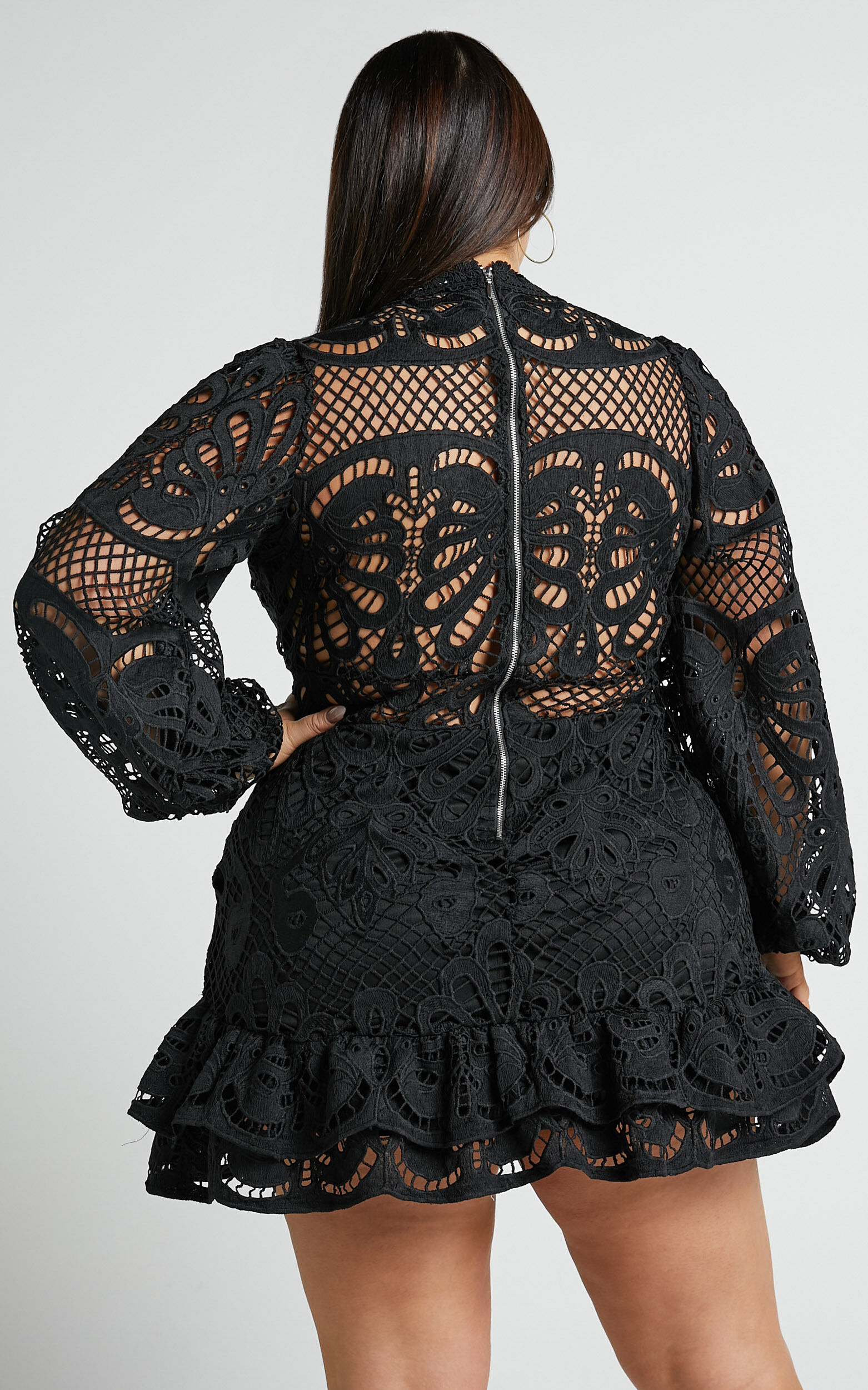 Kiss Me Now Mini Dress - Long Puff Sleeve Dress in Black Lace