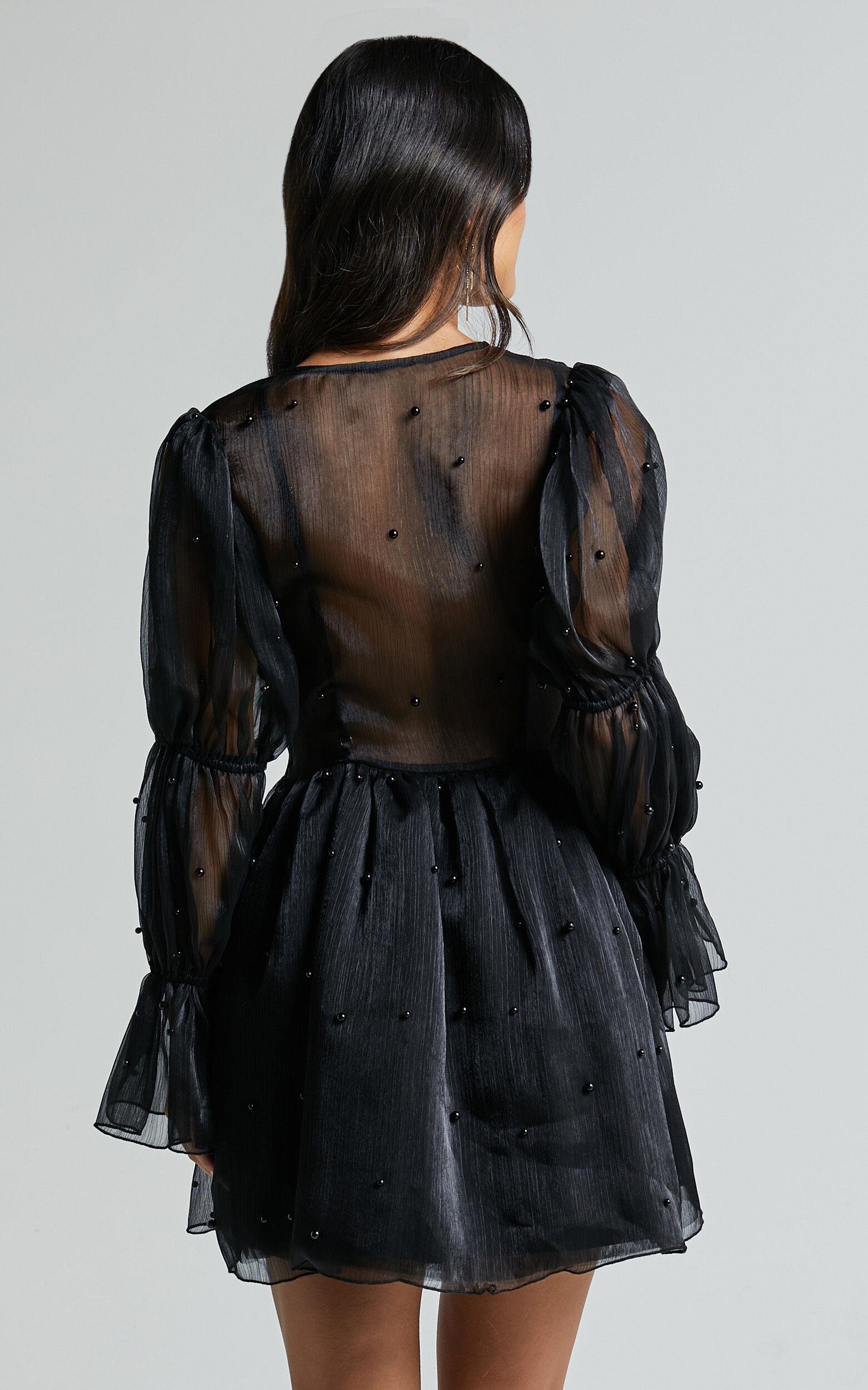 Lanna Mini Dress - Long Puff Sleeve V Neck Dress in Black