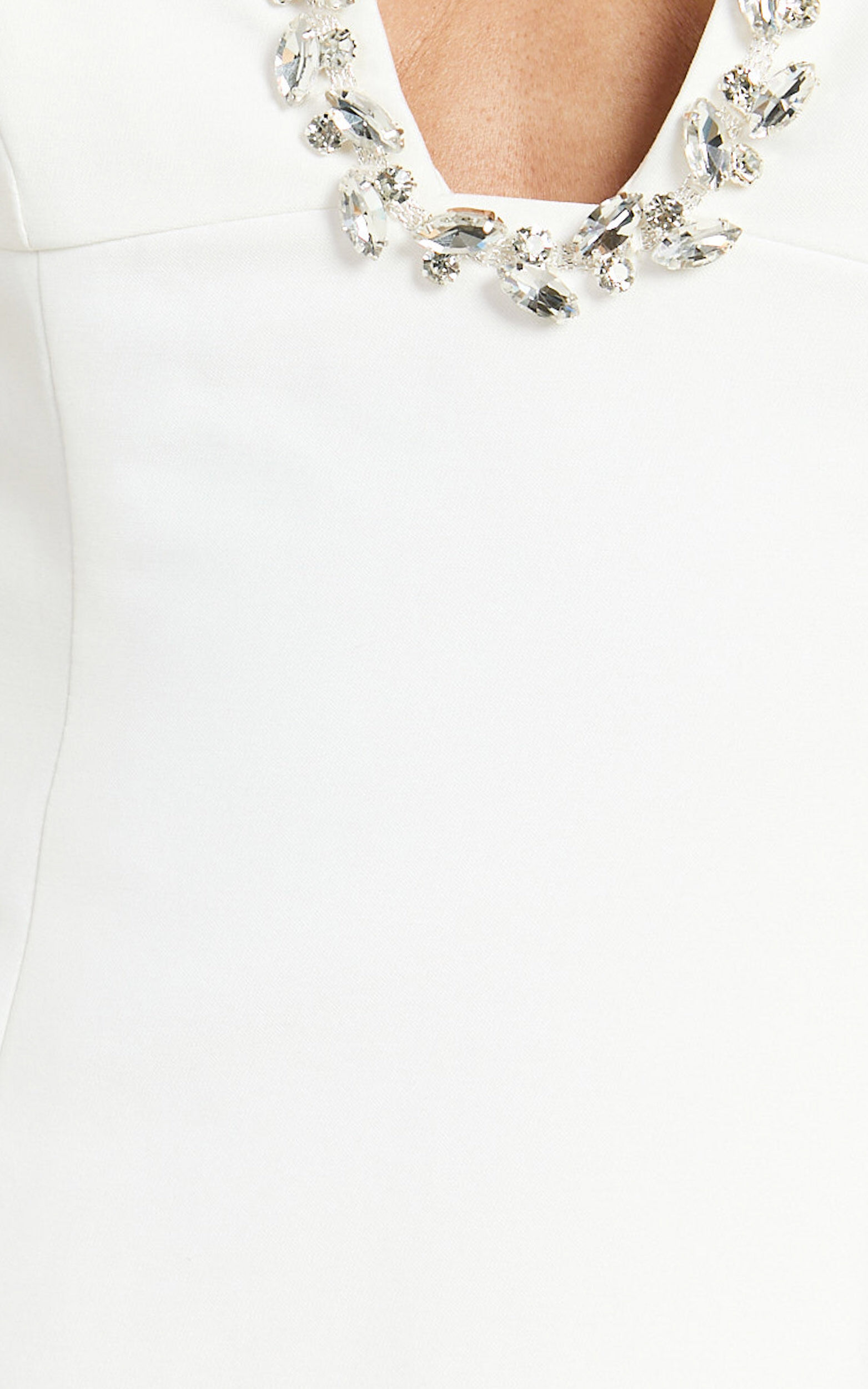 Violetta Mini Dress - Diamante Trim Plunge Front Dress in Off White