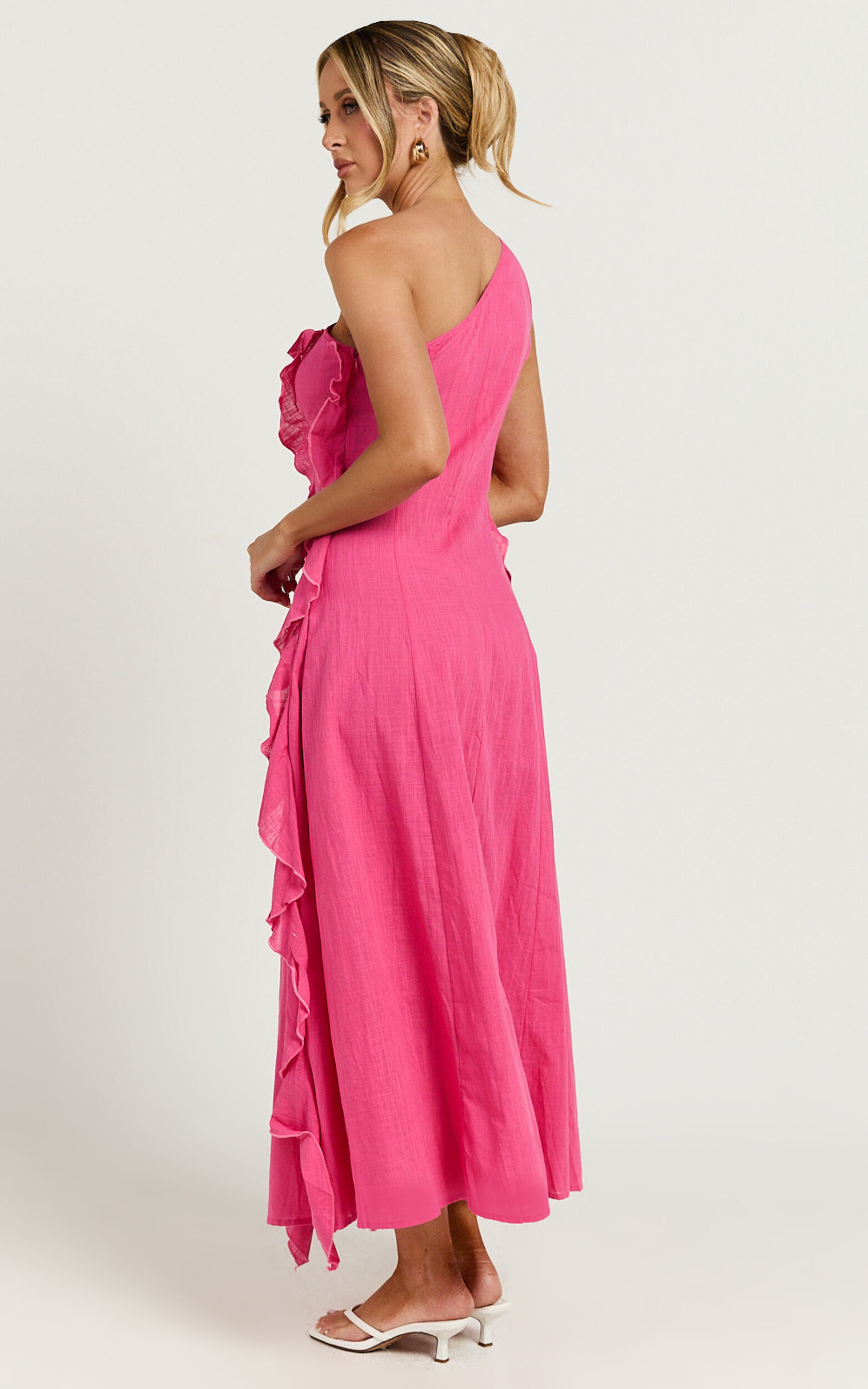 Britney Maxi Linen Dress - One Shoulder Ruffle Detail Dress in Pink