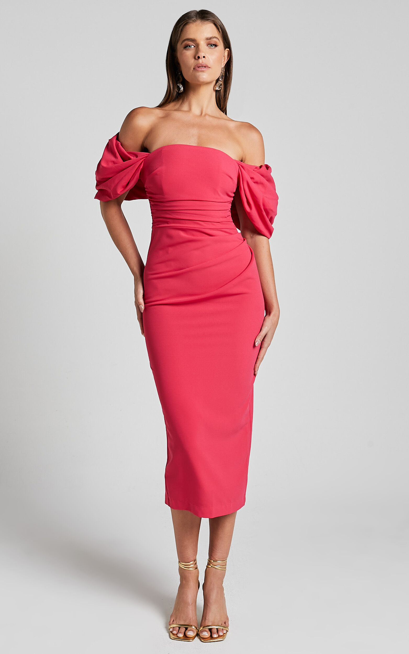 Lohan Midi Dress - Off Shoulder Puff Sleeve in Berry