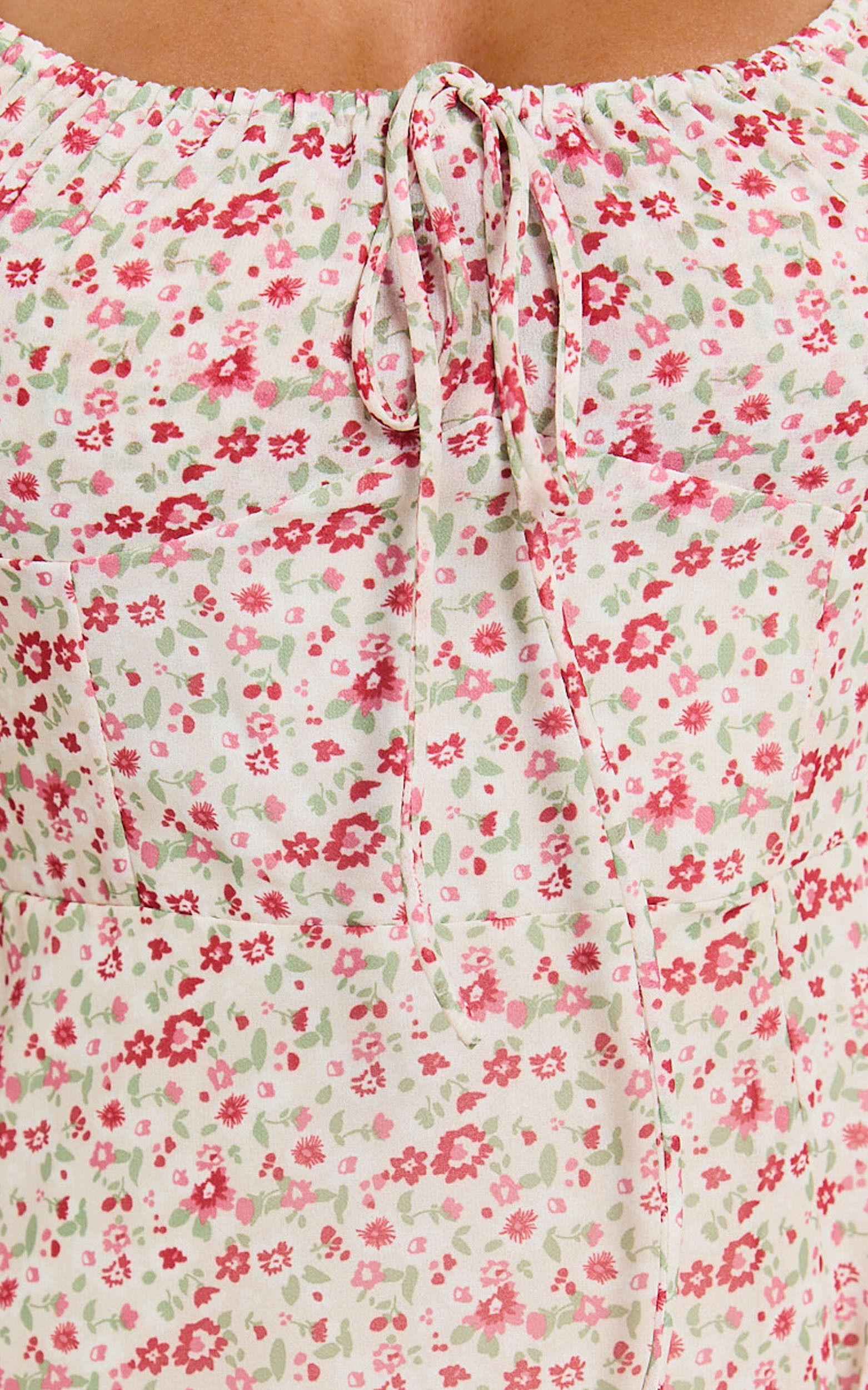 Rhylene Midi Dress - Puff Sleeve Tie Front Detail Midi Dress in Rosy Floral