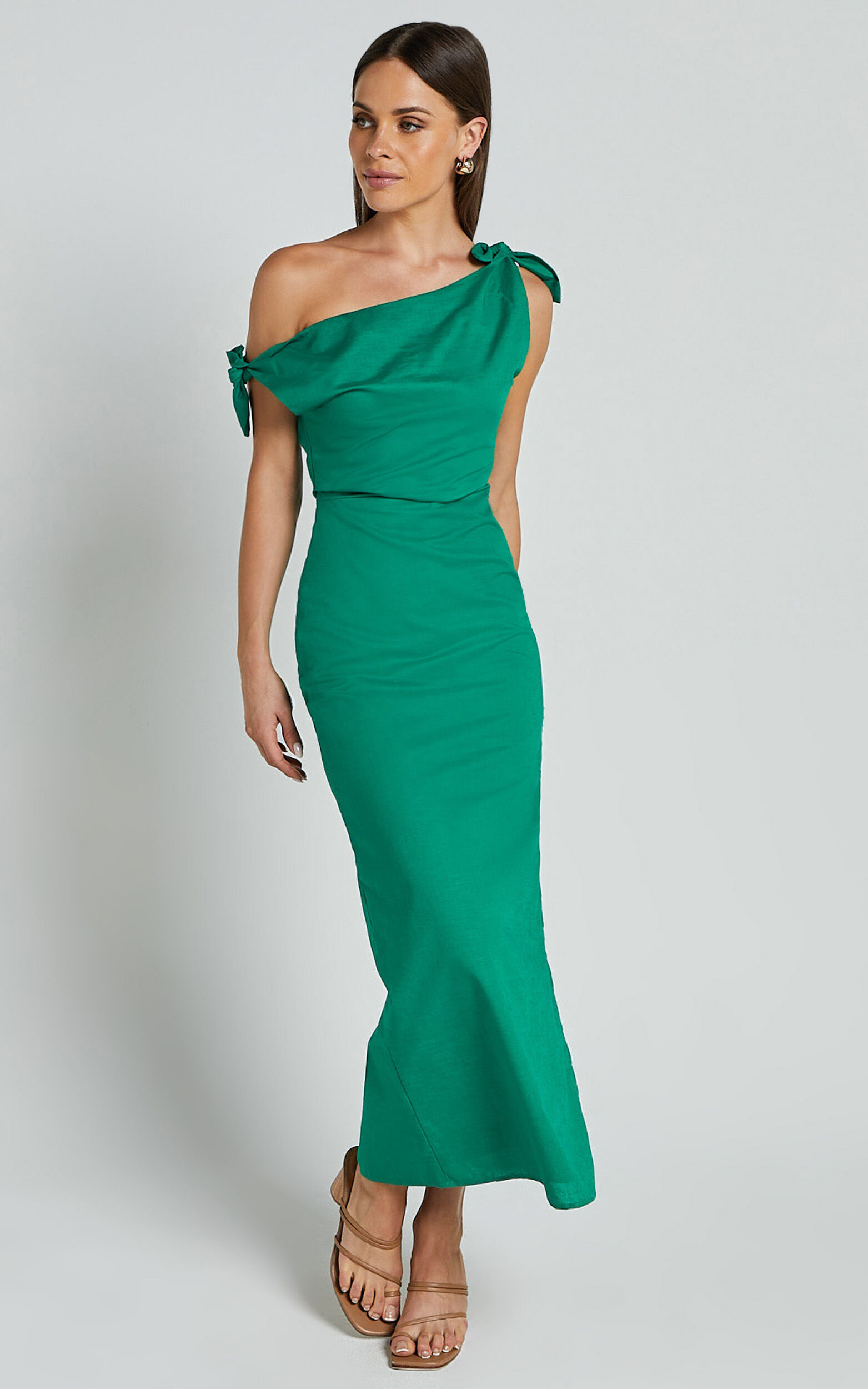 Cincinnati Midi Dress - Off The Shoulder Side Split Column Linen Dress in Green