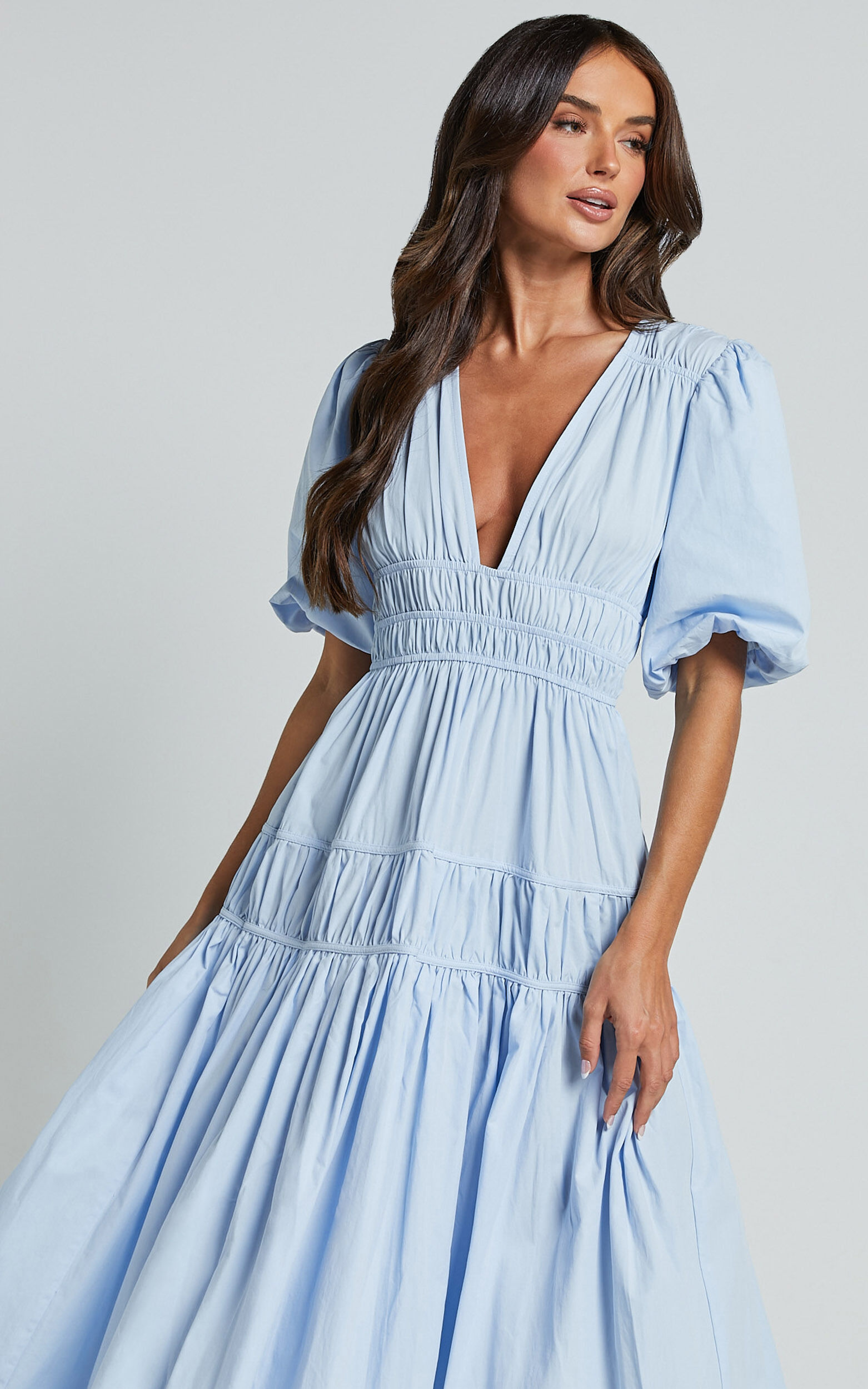 Mellie Midi Dress - Puff Sleeve Plunge Tiered Dress in Soft Blue