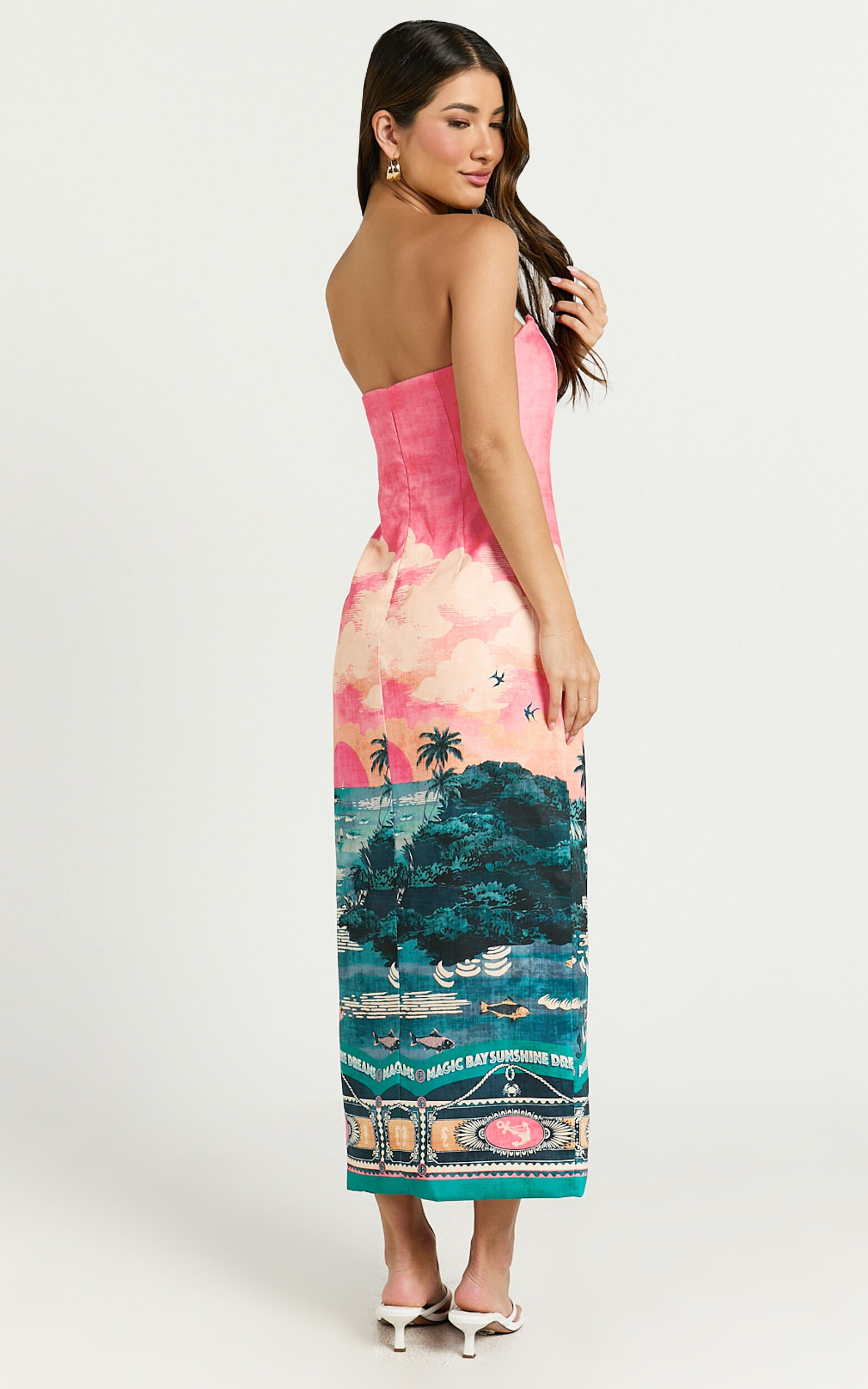 Amalie The Label - Leesha Strapless Fitted Split Leg Midi Dress in Island Sunset Print