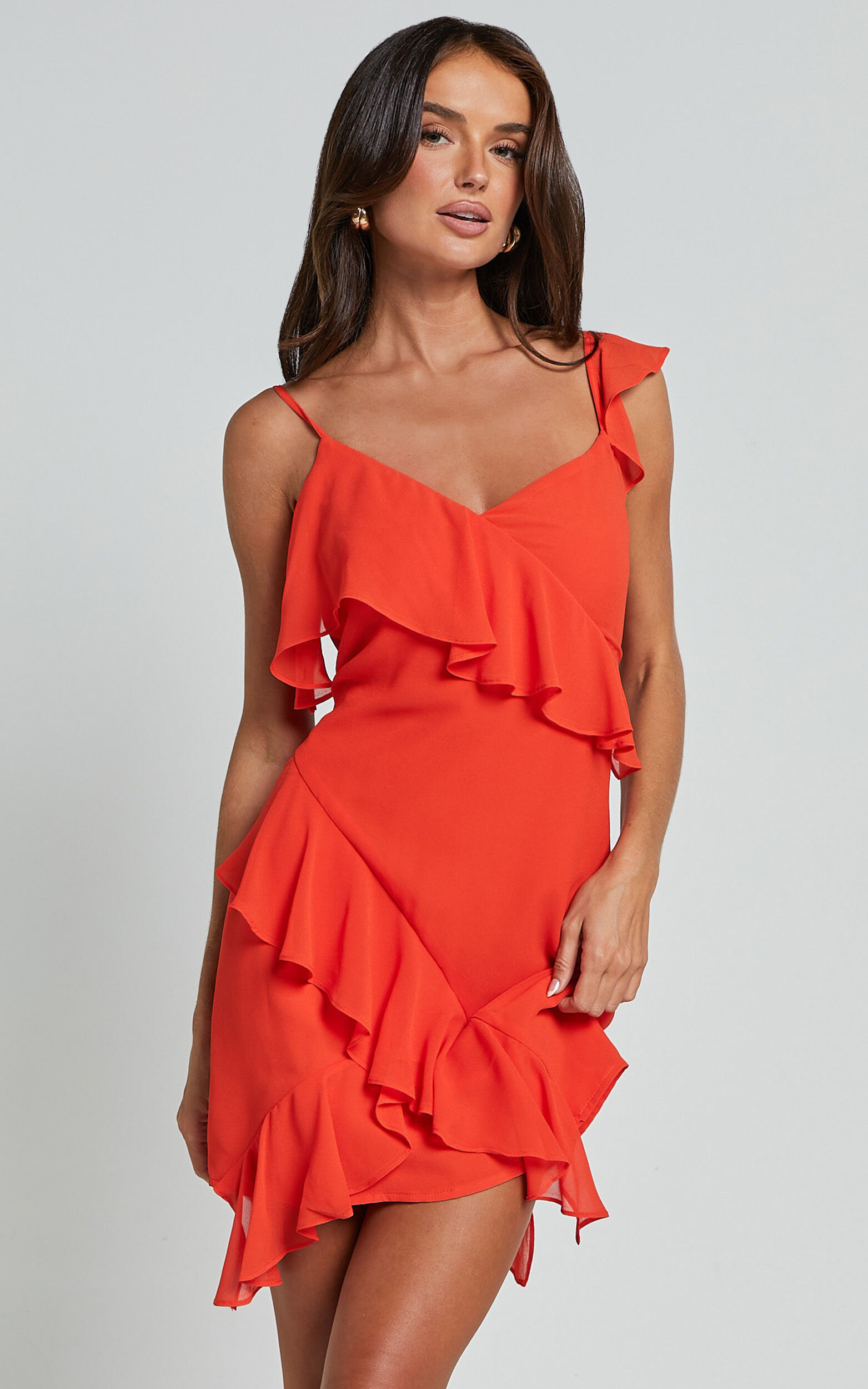 Zaria Mini Dress - Asymmetric Frill Detail Mini Dress in Chili