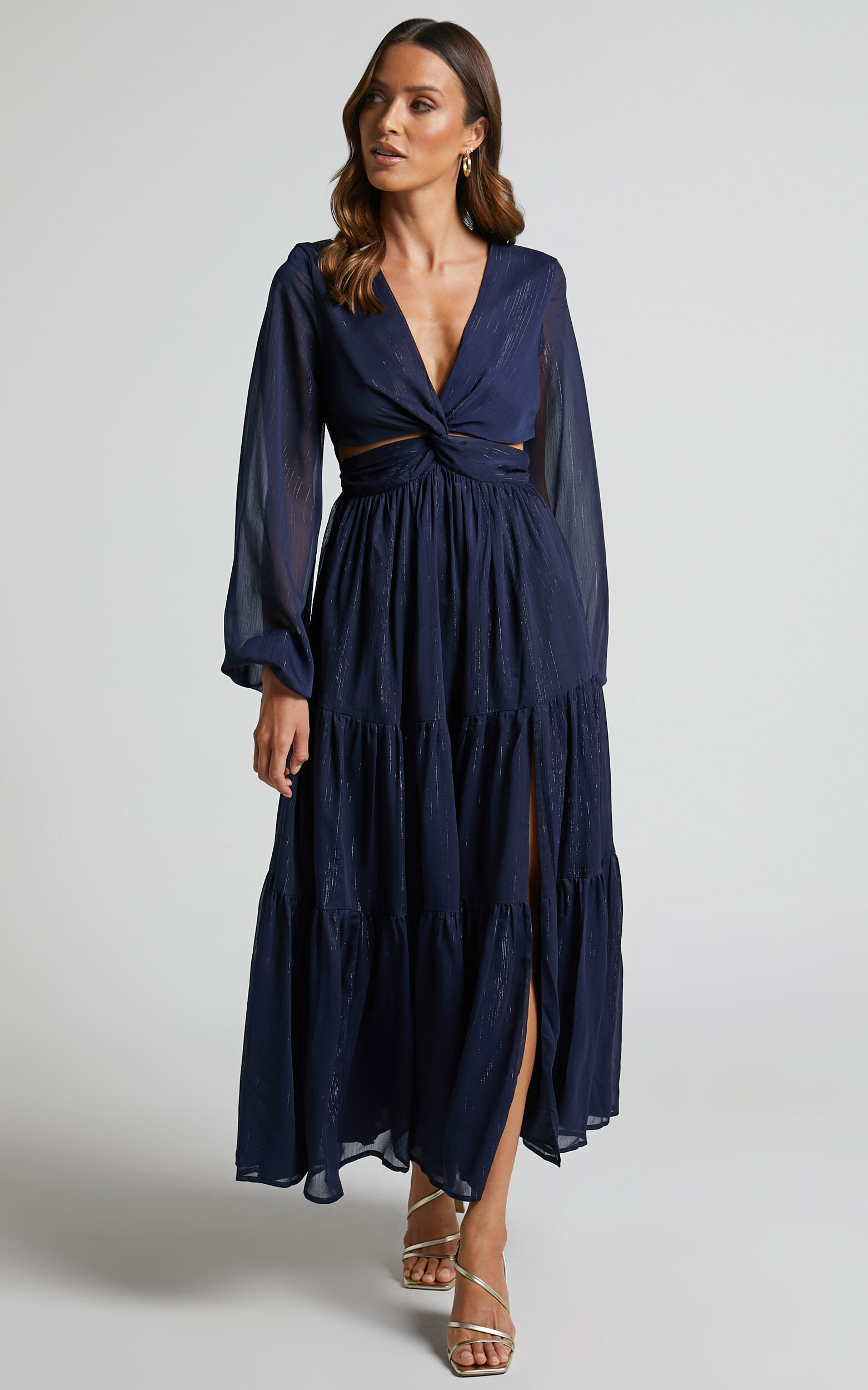 Edelyn Midi Dress - Cut Out Balloon Sleeve Tiered Dress in Navy