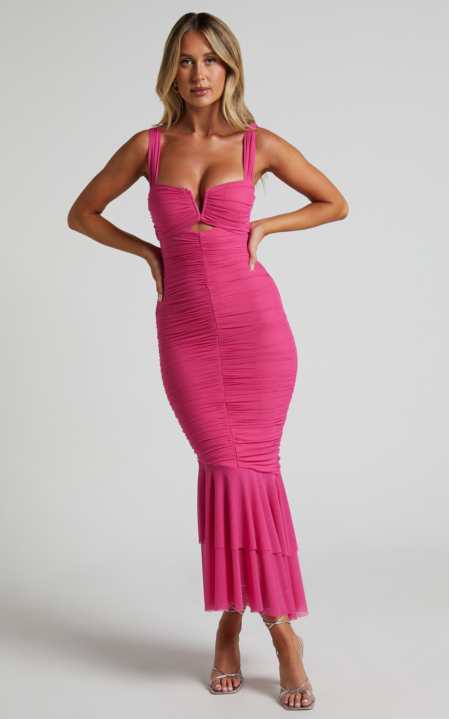 Kody Midi Dress - Bodycon Ruched Mesh Cut Out Dress in Hot Pink