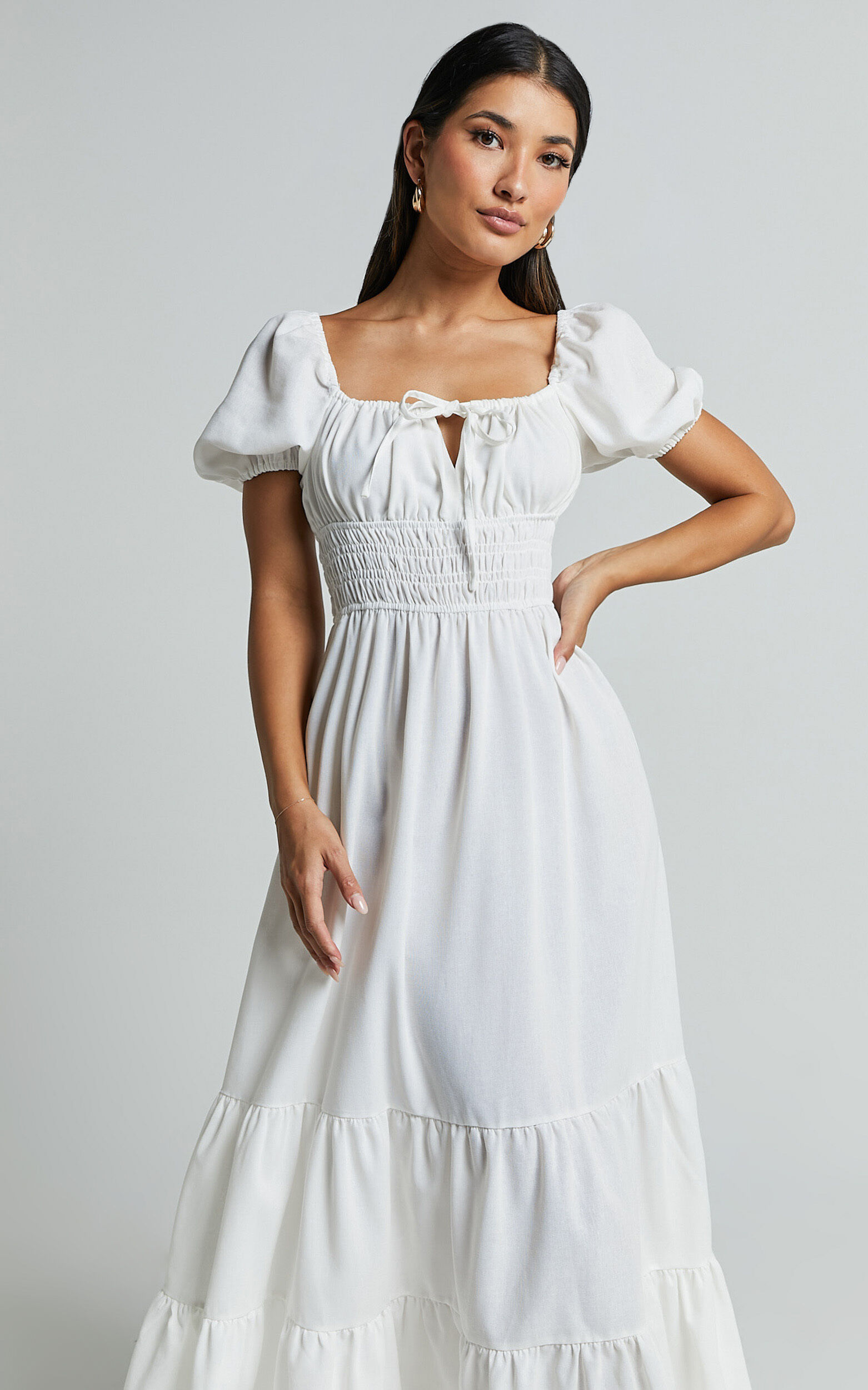 Claritza Midi Dress - Linen Look Short Puff Sleeve Square Neck Tiered Dress in White