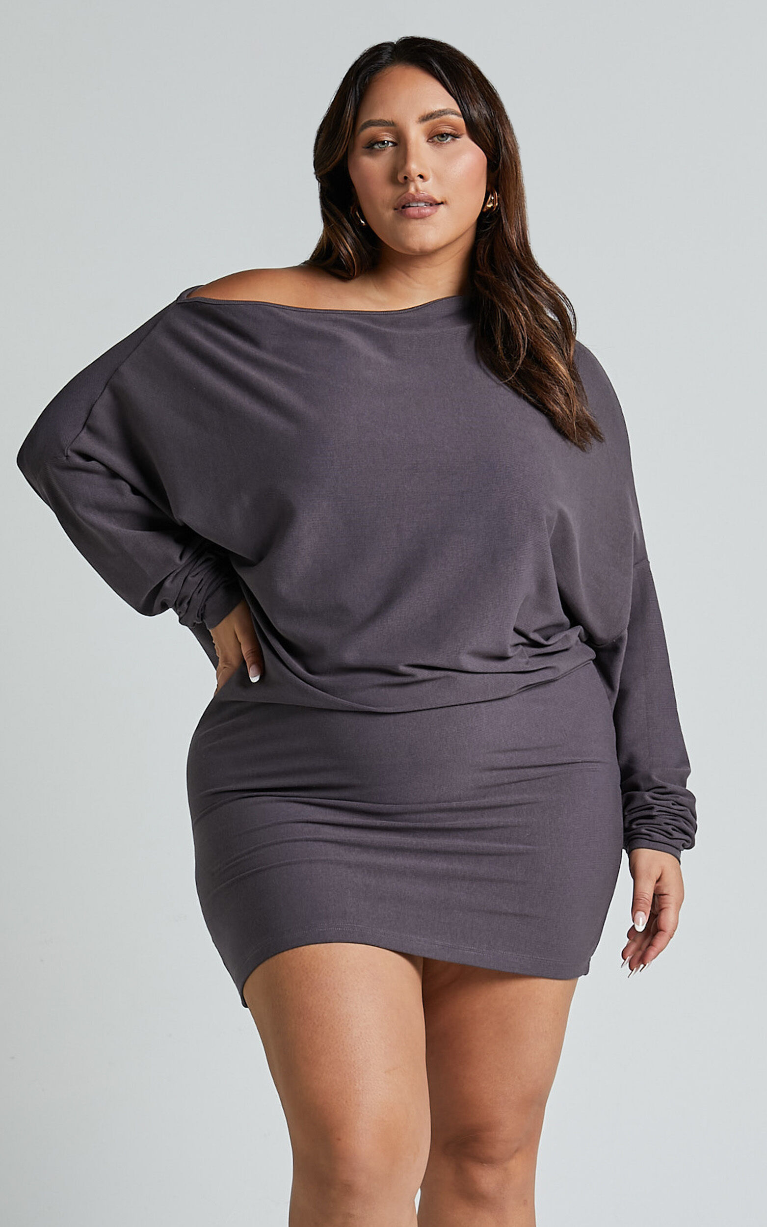 Fermina Mini Dress - Long Sleeve Bodycon Dress in Charcoal Rib