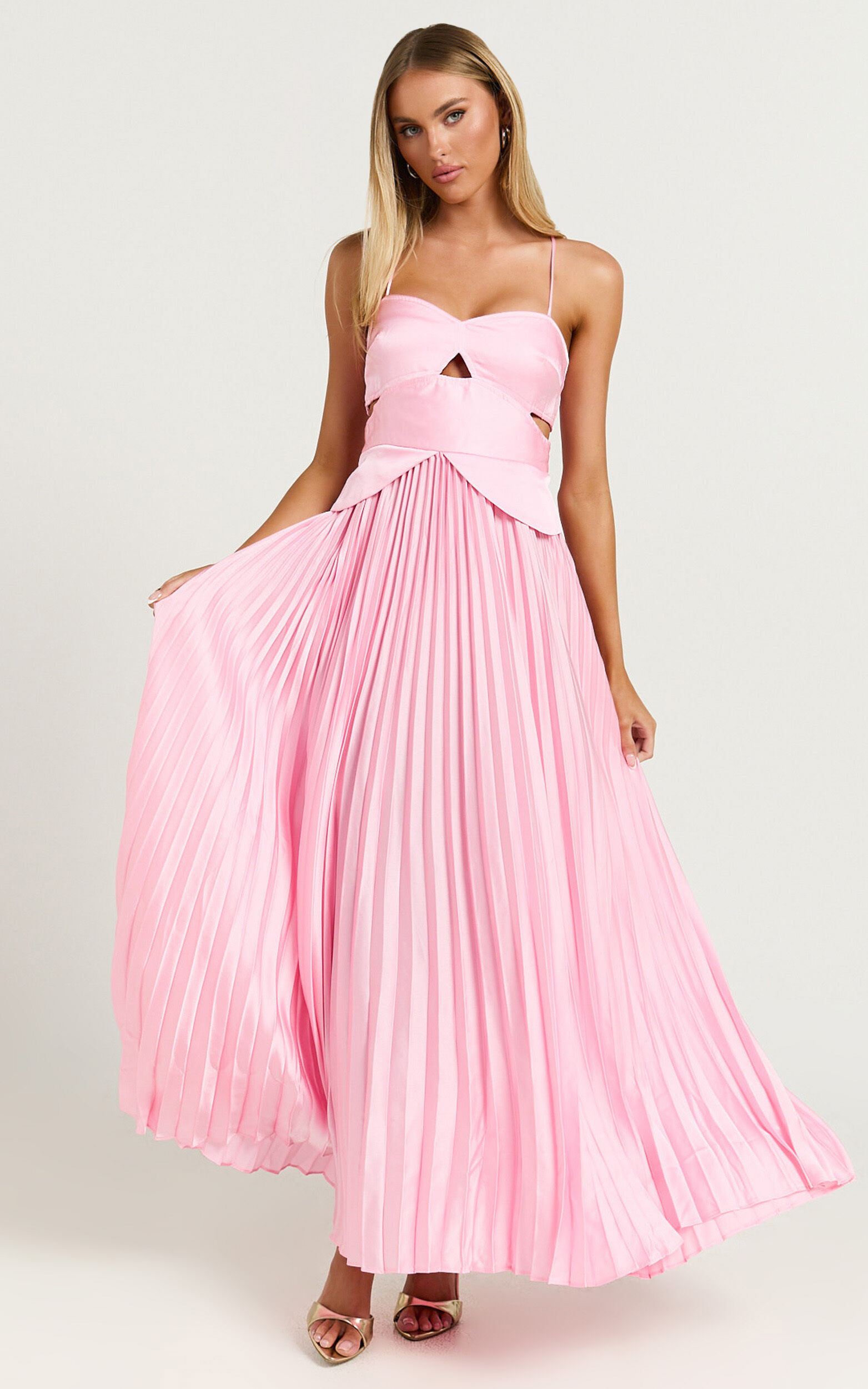 Shay Maxi Dress - Sweetheart Cut Out Pleated Dress in Pink
