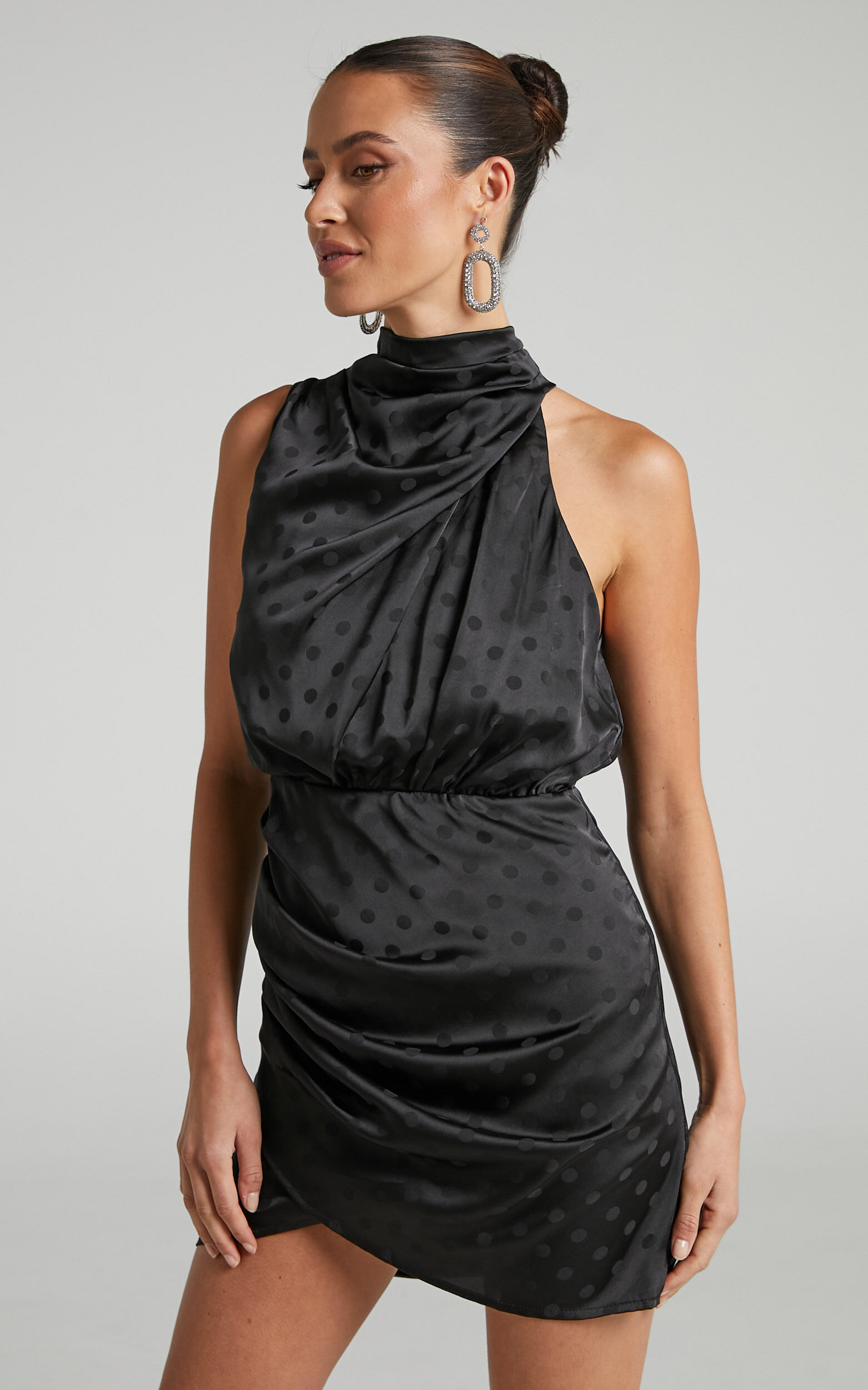 Rammey Mini Dress - High Neck Draped Dress in Black