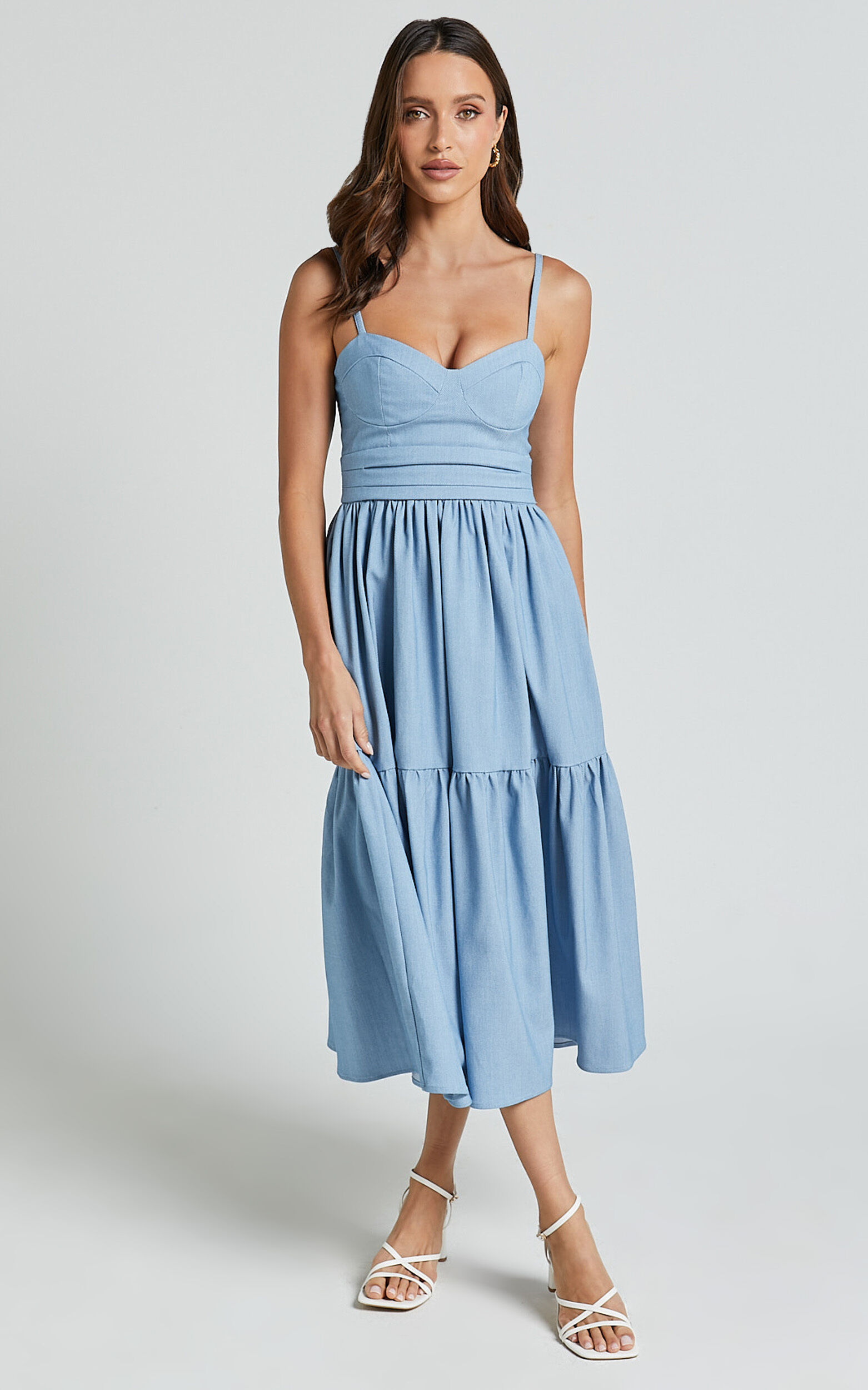 Gem Midi Dress - Strappy Sweetheart Tier Dress in Light Blue