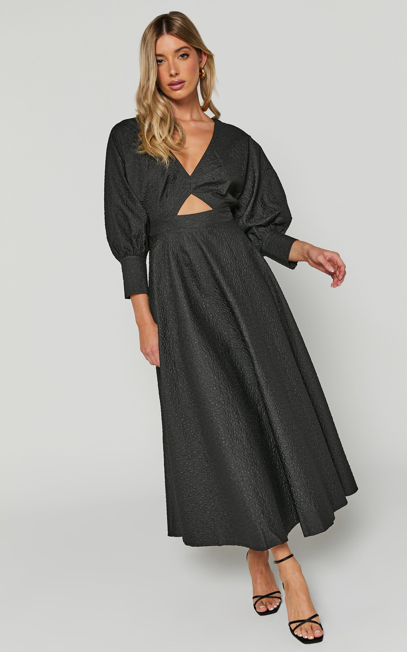 Ashtina Midi Dress - V Neck Cut Out Puff Sleeve Dress in Black