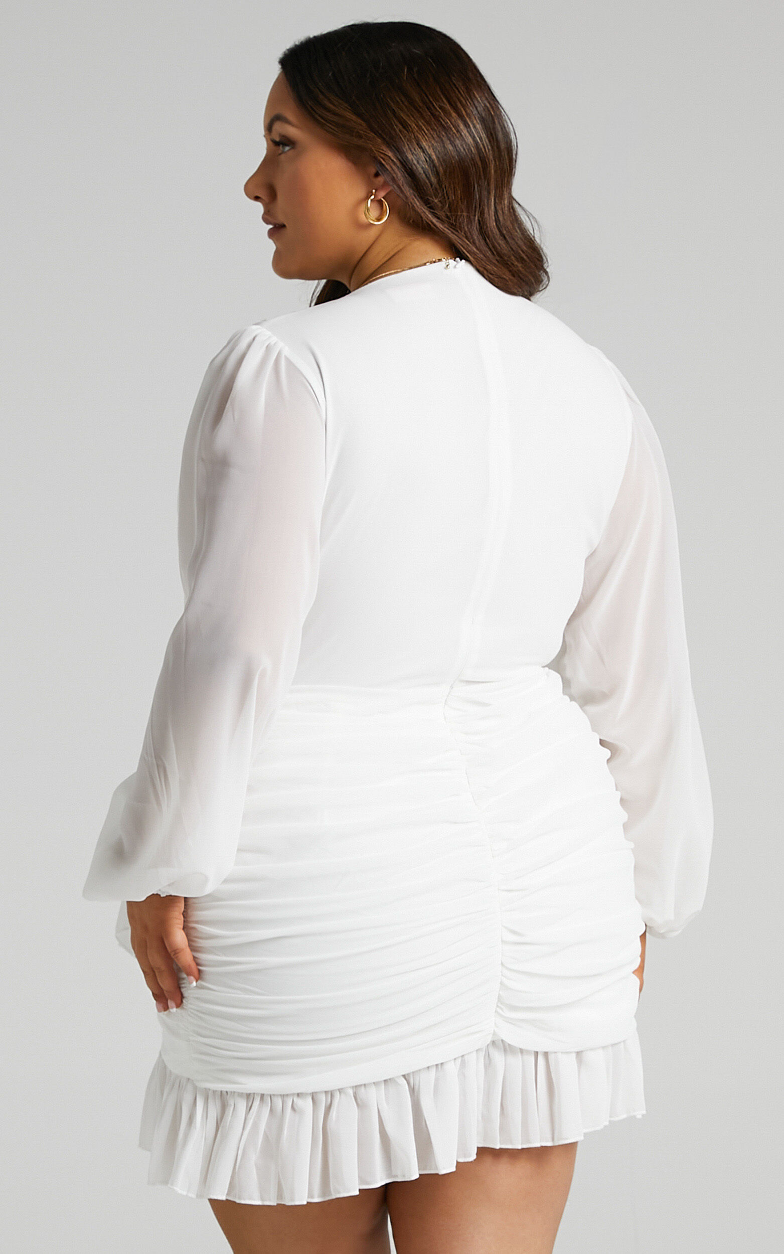 Can I Be Your Honey Mini Dress - Plunge Balloon Sleeve Dress in White