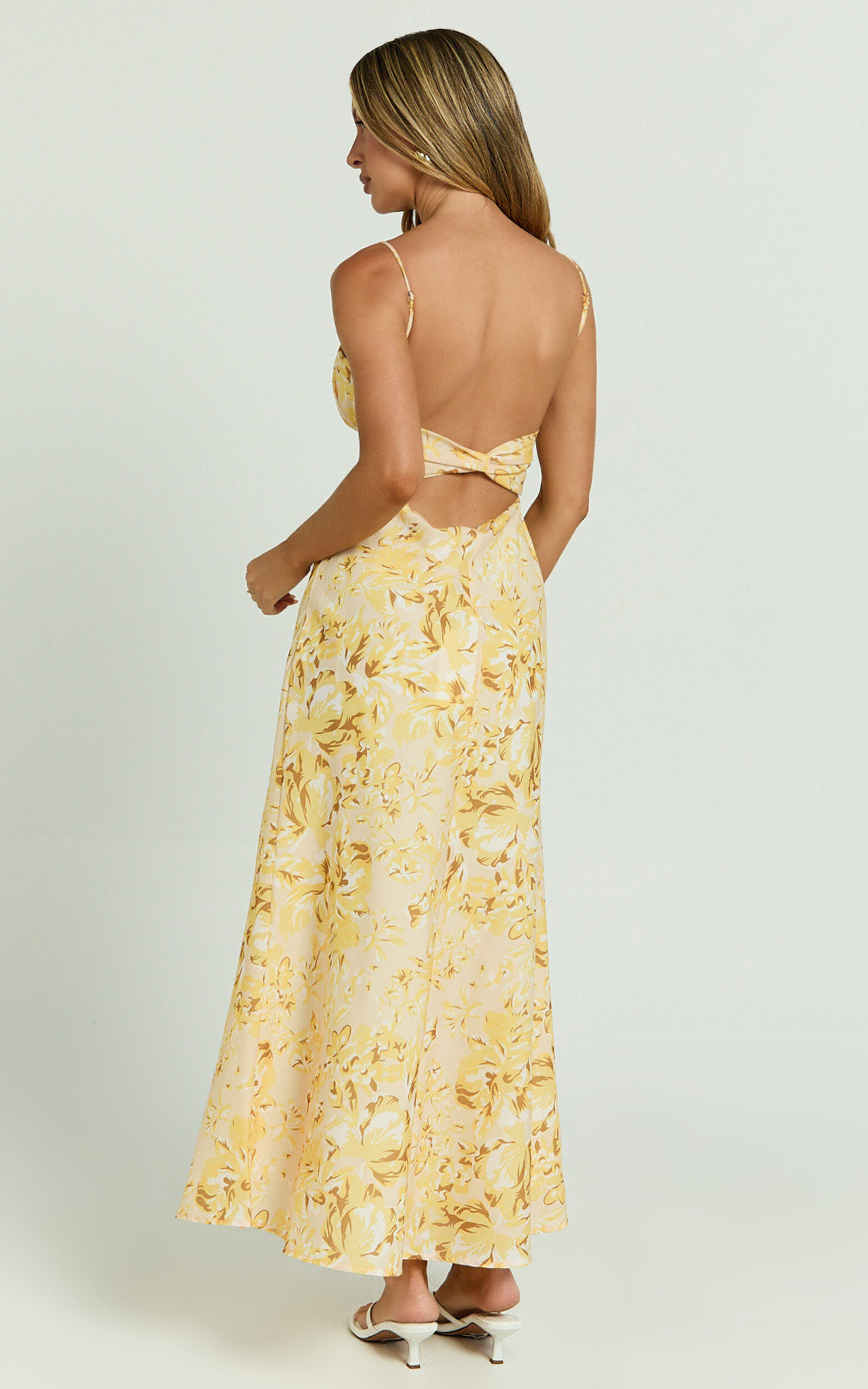 Giselli Midi Dress - Adjustable Strap Ruched Bust Dress in Lemon Floral