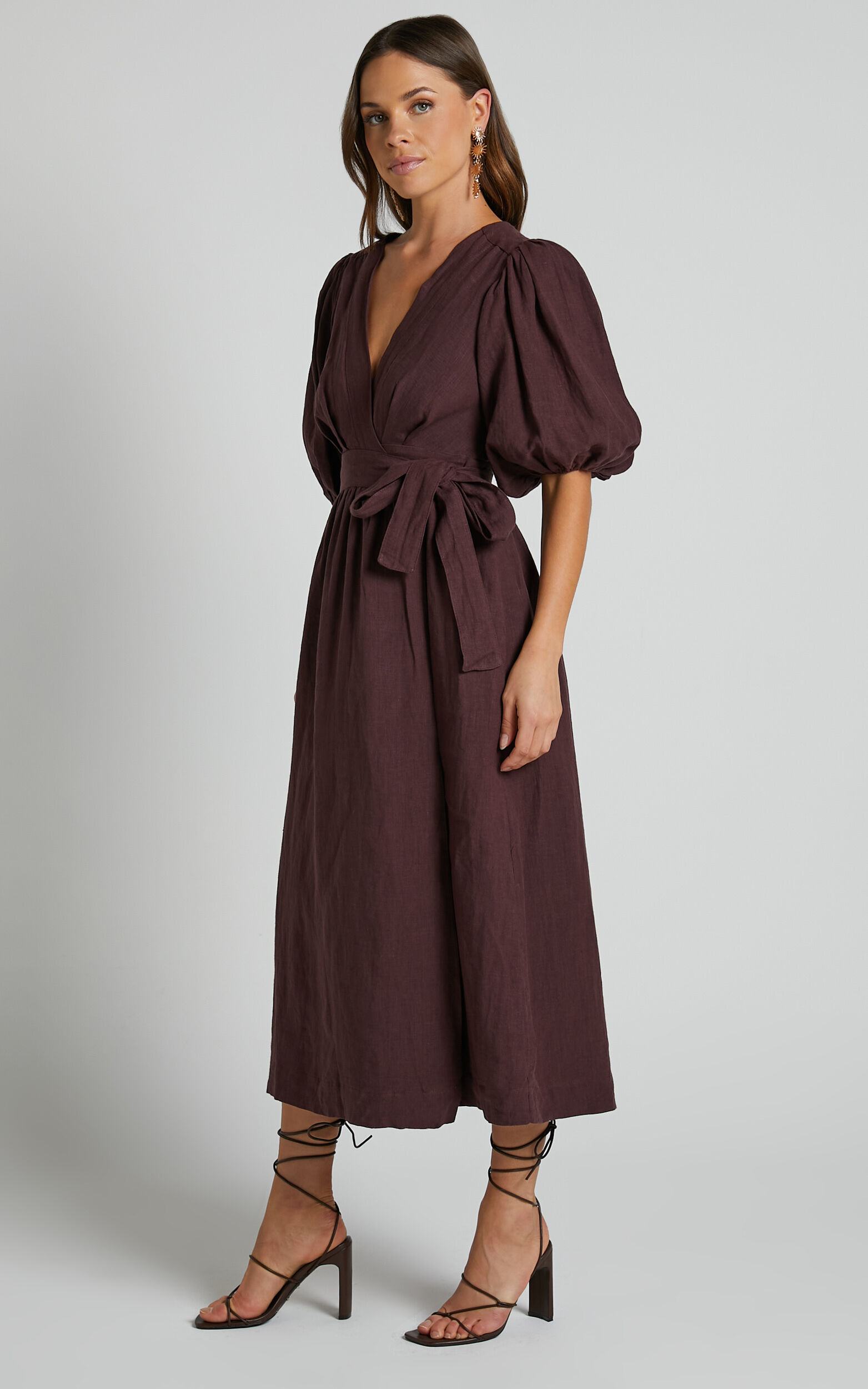 Amalie The Label - Franc Linen Puff Sleeve Wrap Midi Linen Dress in Dark Plum