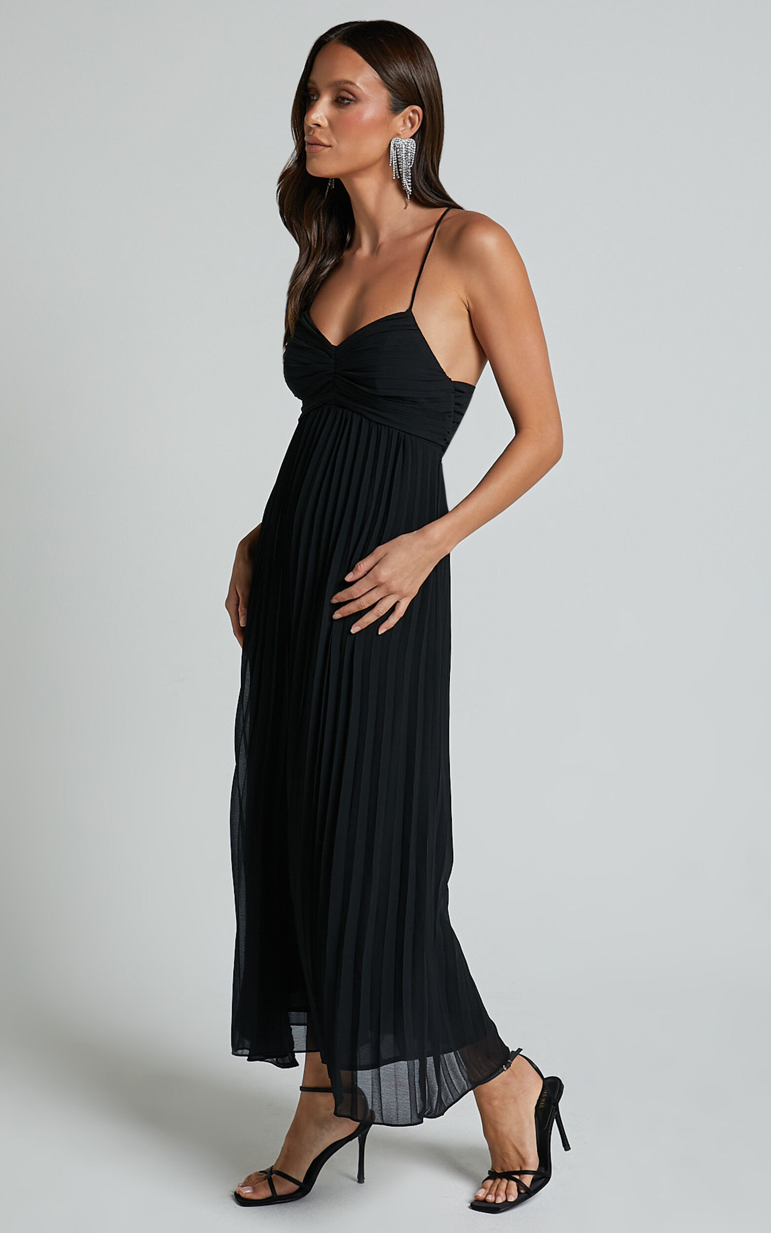 Jodie Midi Dress - Pleated Chiffon Ruched Bust Midi Dress in Black