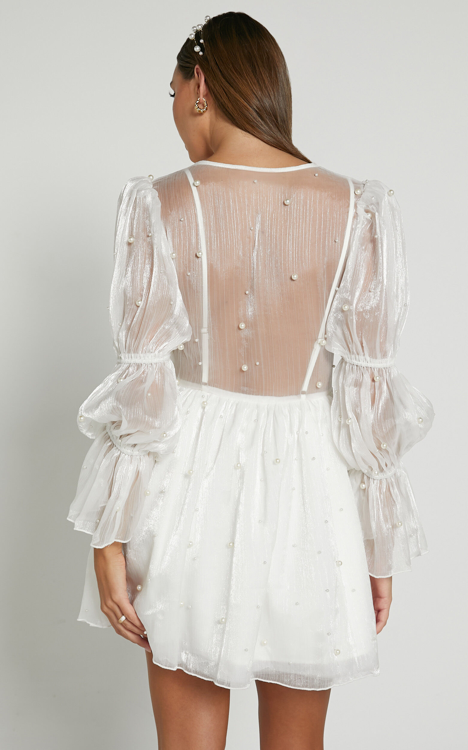 Solanna Mini Dress - Long Puff Sleeve V Neck Dress in White