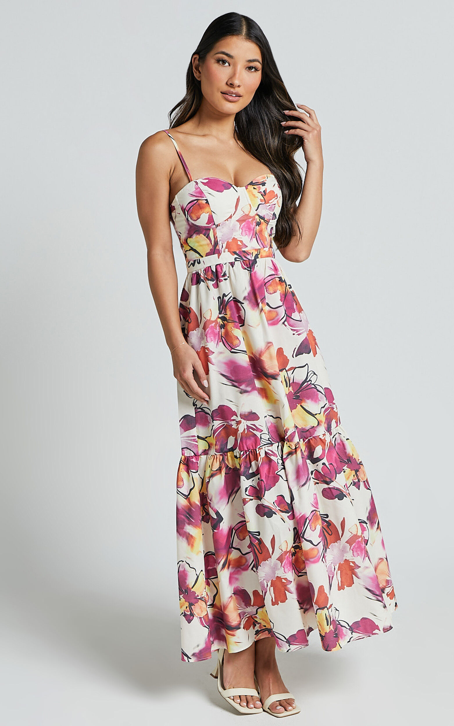 Adara Midi Dress - Strappy Bustier Dress in Dahlia Dusk Floral