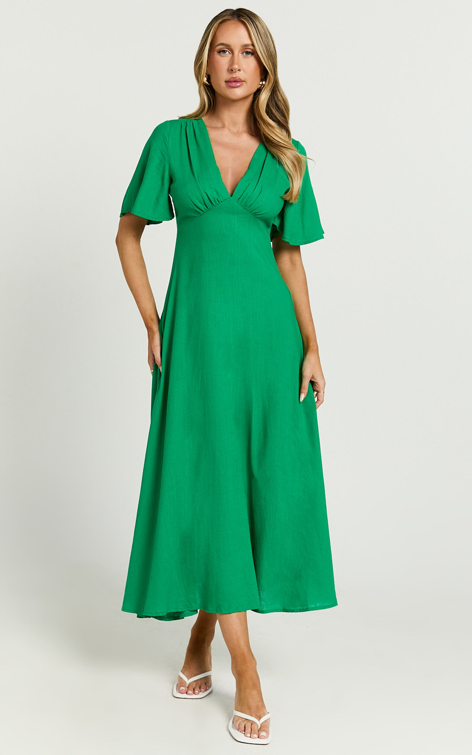 Dakota Midi Dress - Linen Flutter Sleeve A Line Dress in Green
