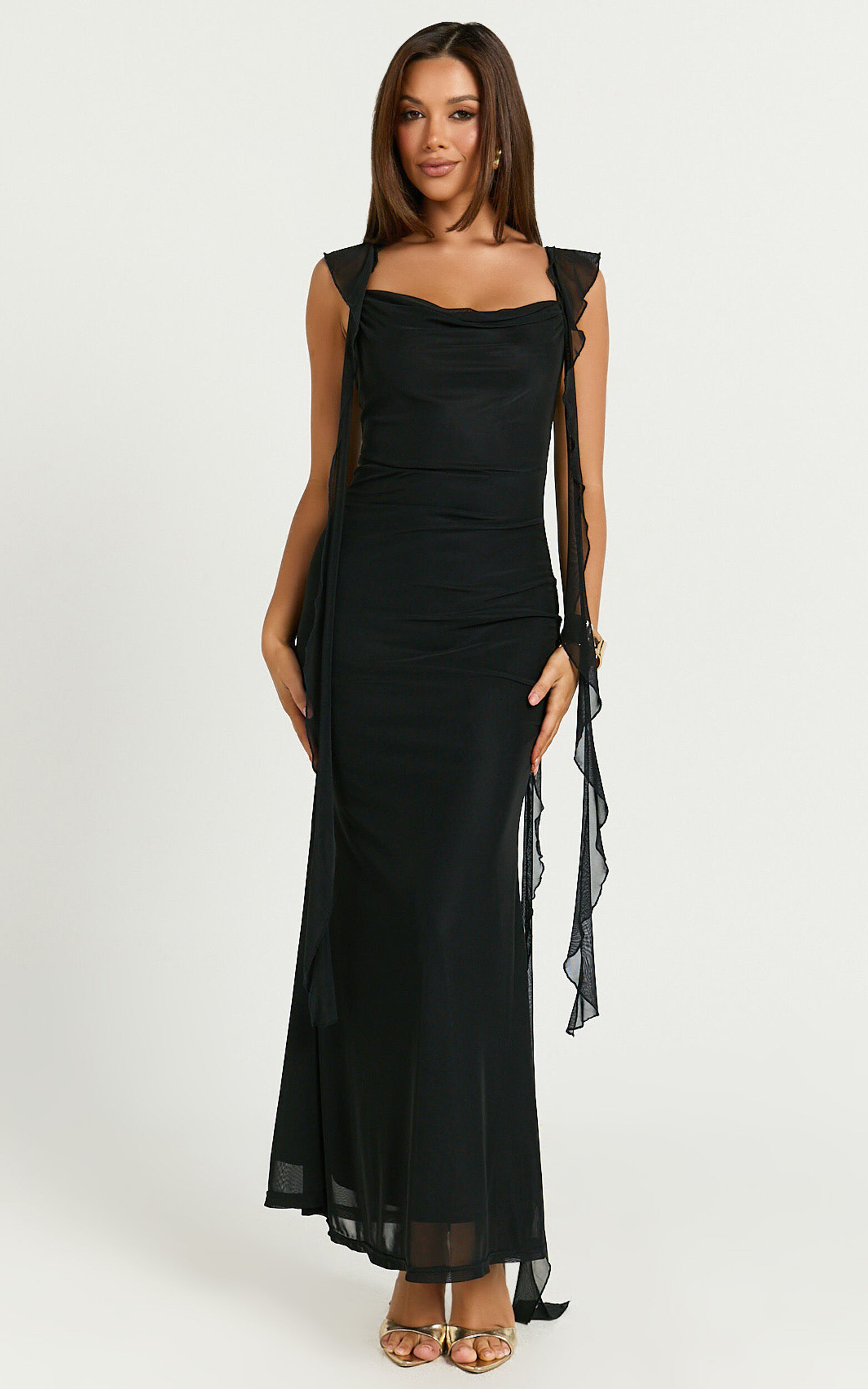 Rosha Maxi Dress - Ruffle Strap Dress in Black