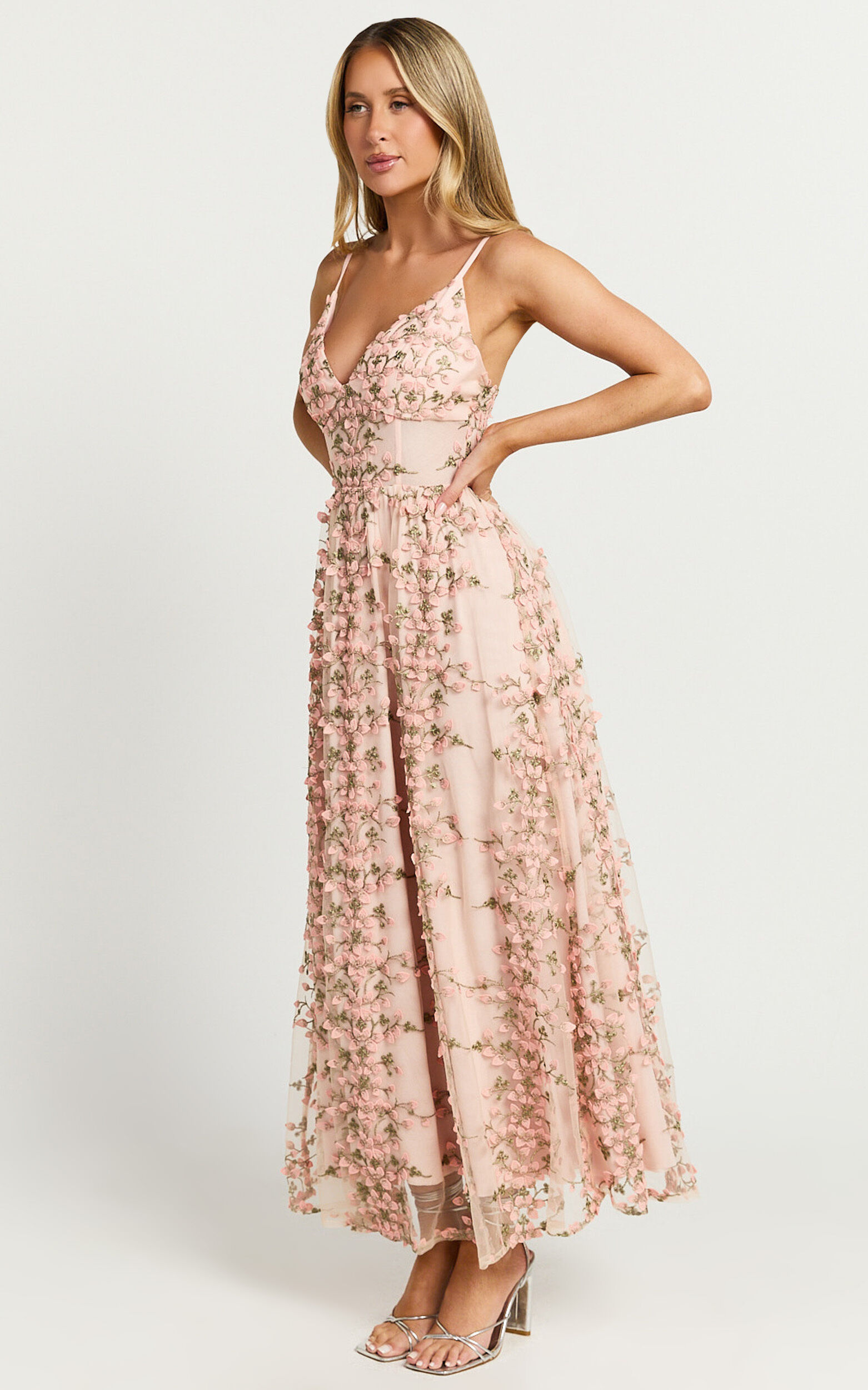 Amalie The Label - Lou V Neck Embroidered Tulle Maxi Dress in Blush