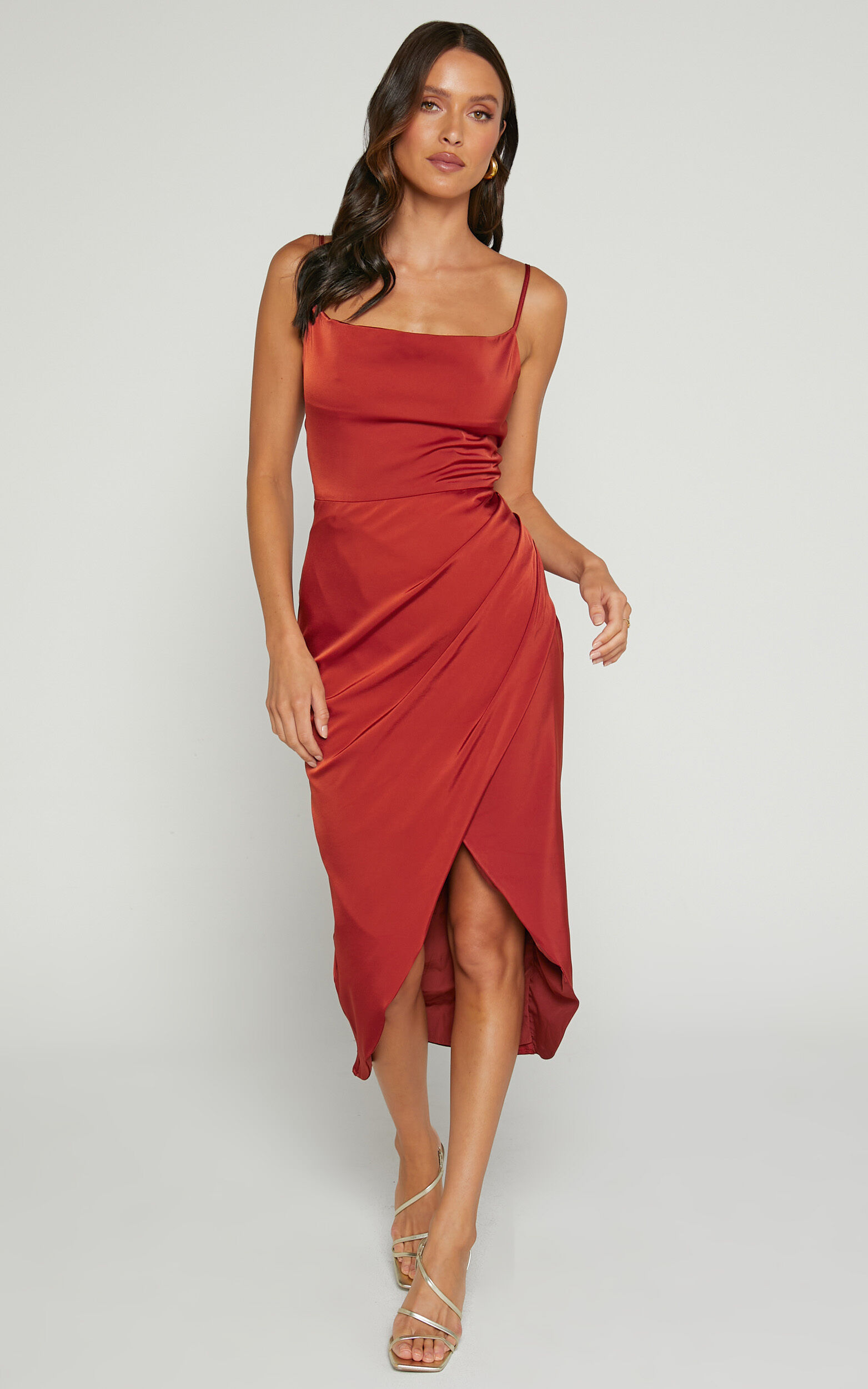 Dazzling Lights Midi Dress - Cowl Neck Draped Dress in Copper Satin