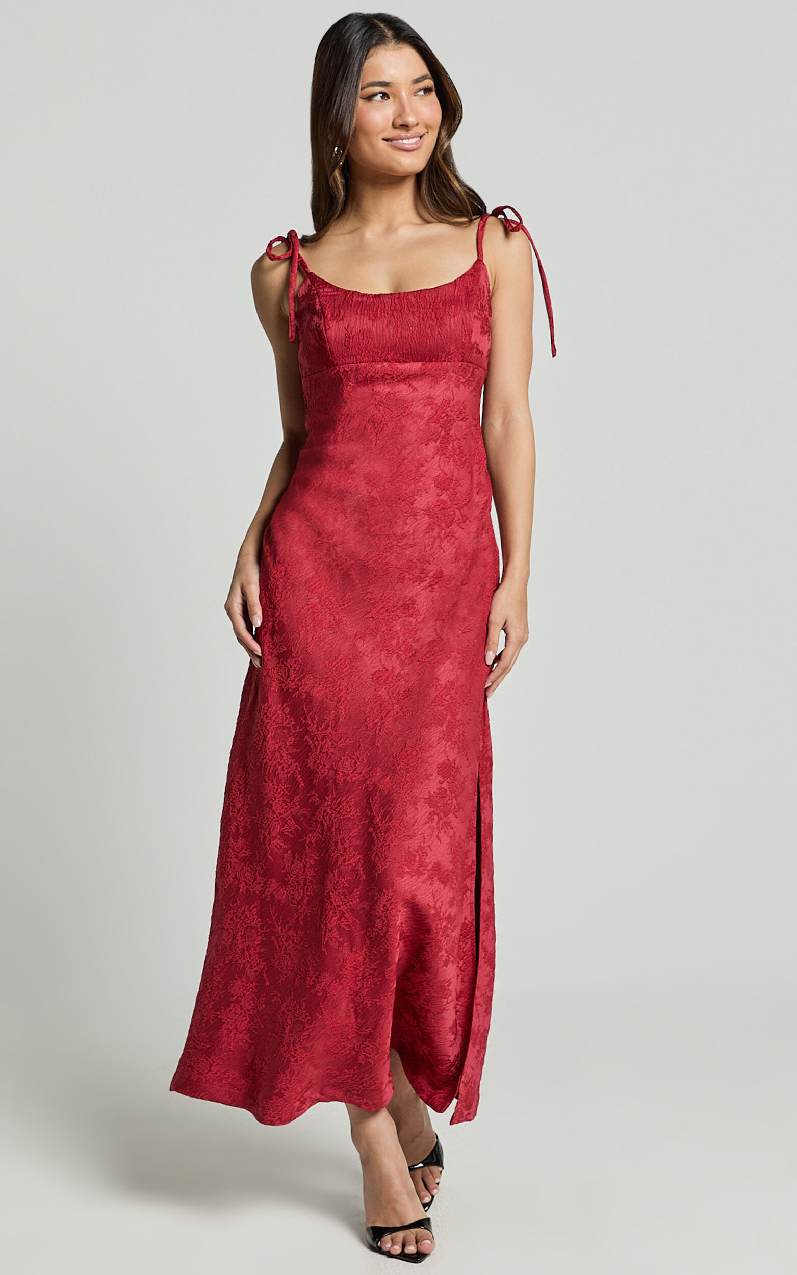 Romarie Maxi Dress - Tie Shoulder Backless Jacquard Dress in Red