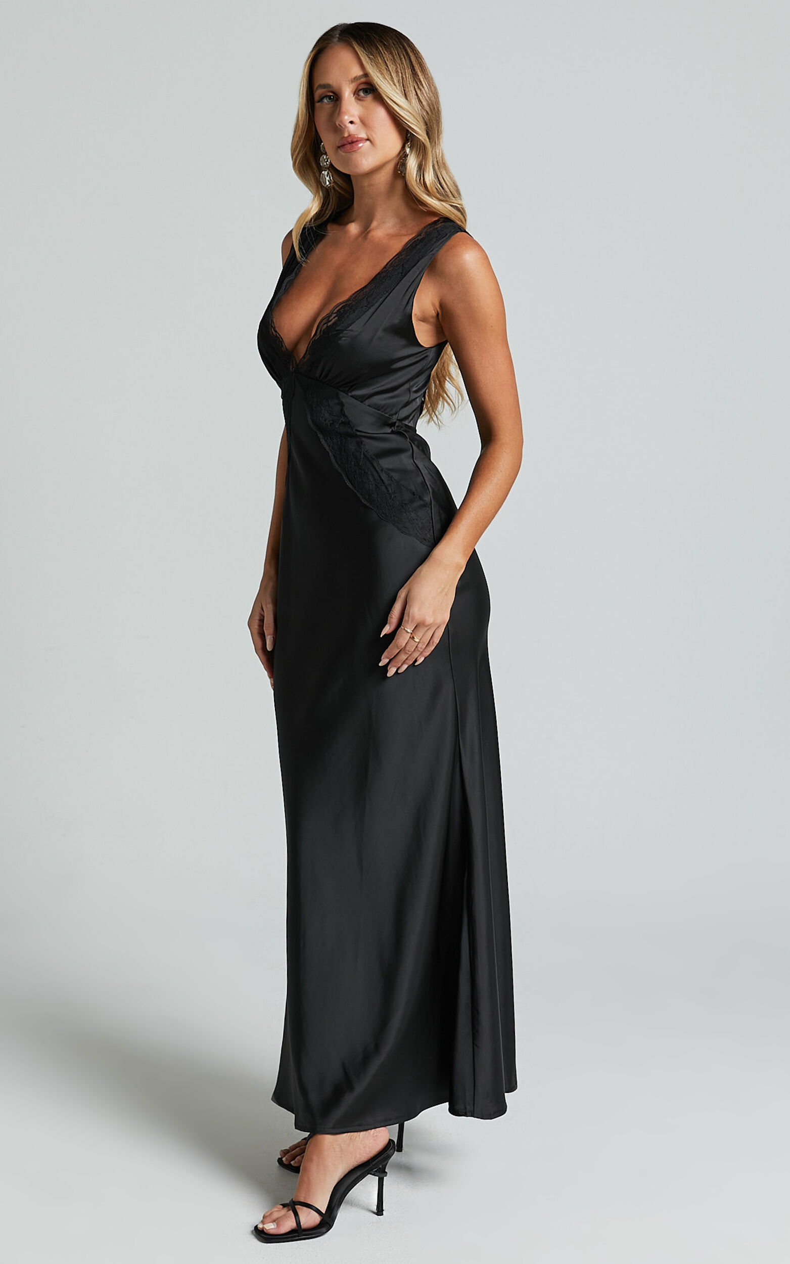 Chrissie Maxi Dress - Lace Detail Plunge Dress in Black