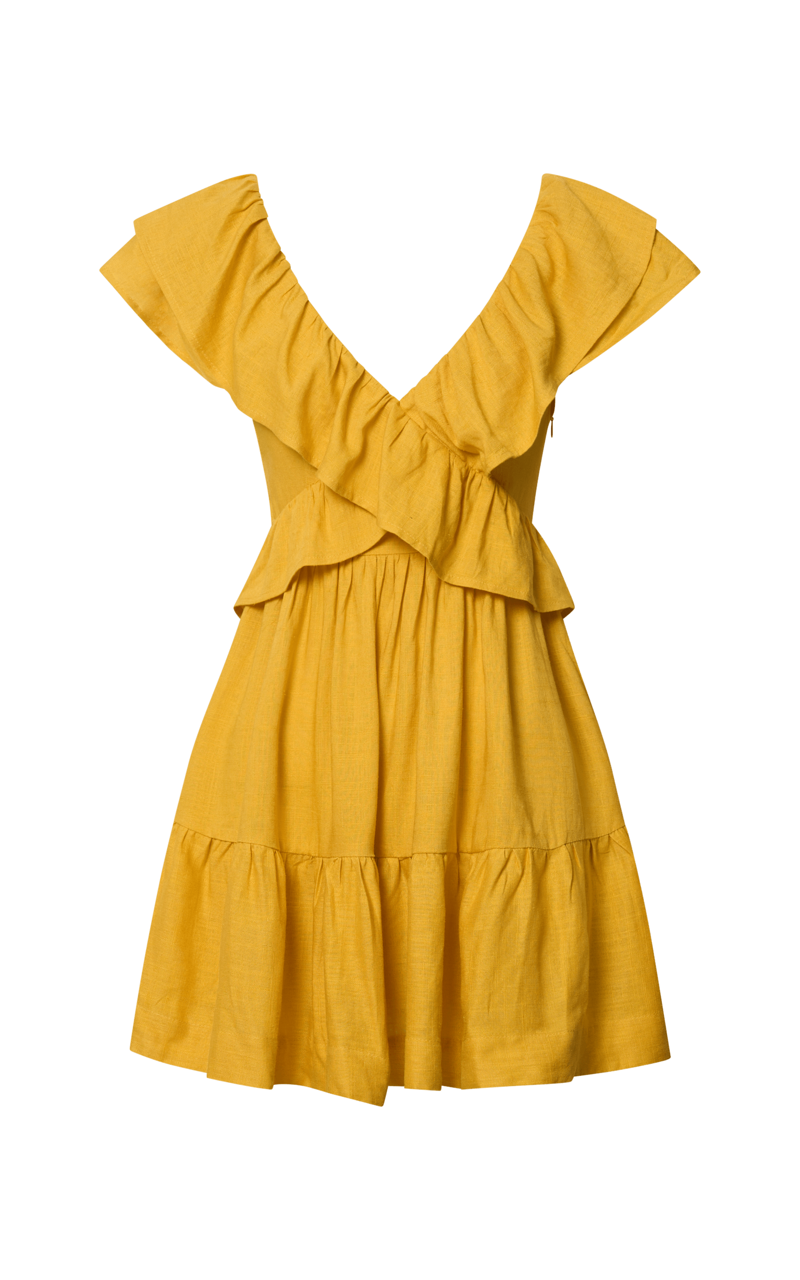 Amalie The Label - Hescia Linen Blend Frill Detail Low Back Mini Dress in Warm Yellow Gold