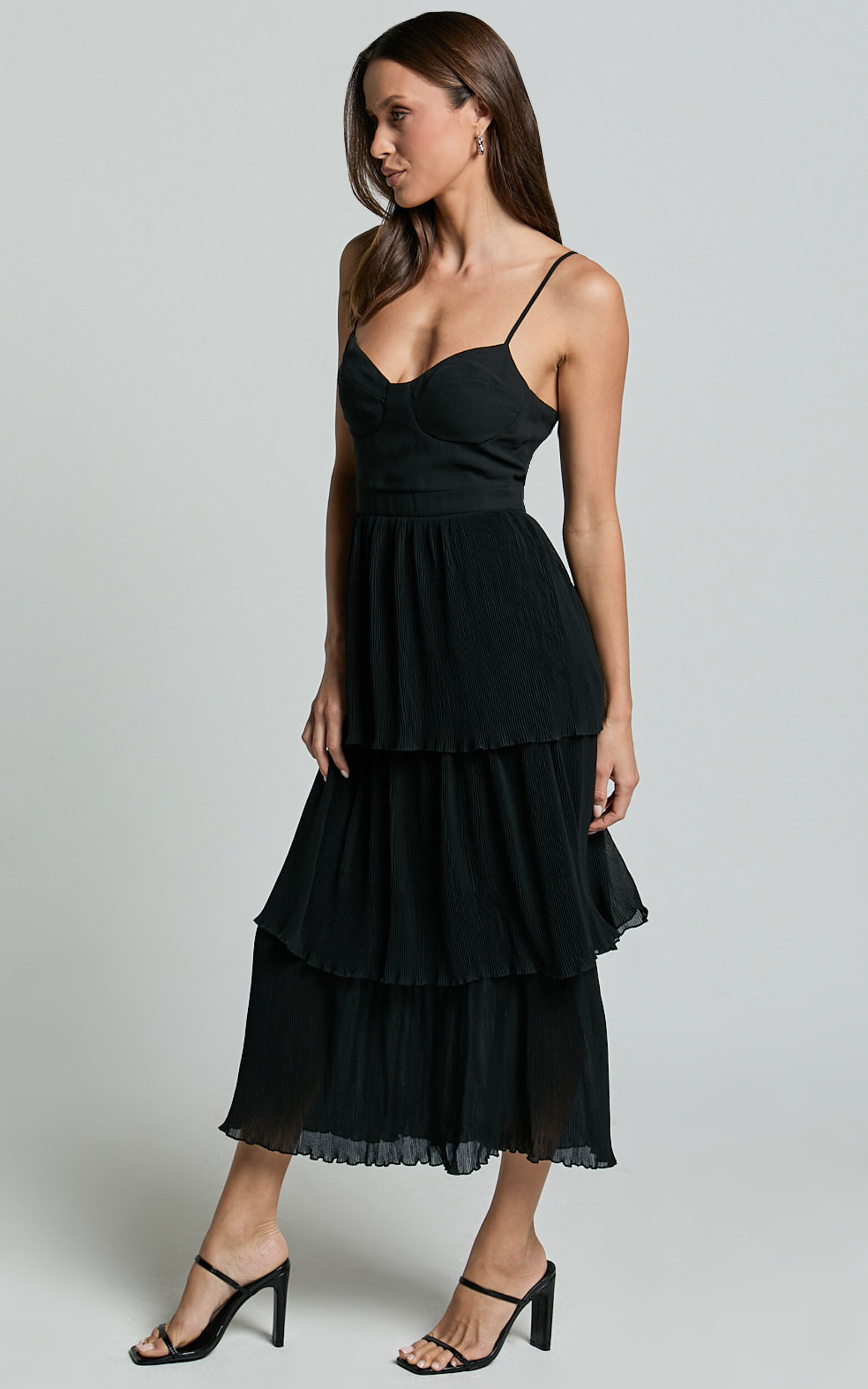 Nina Midi Dress - Bustier Frill Detail Dress in Black