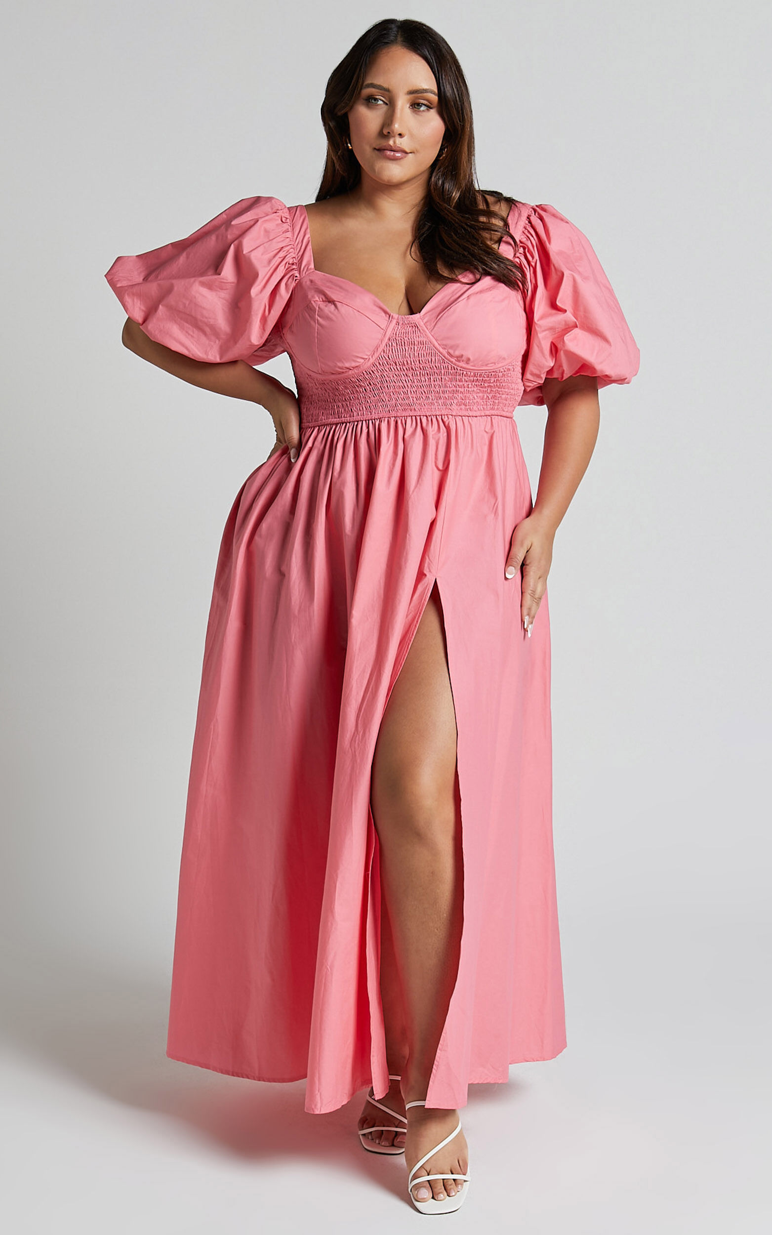 Raiza Midi Dress - Shirred Waist Puff Sleeve Dress in Coral Pink