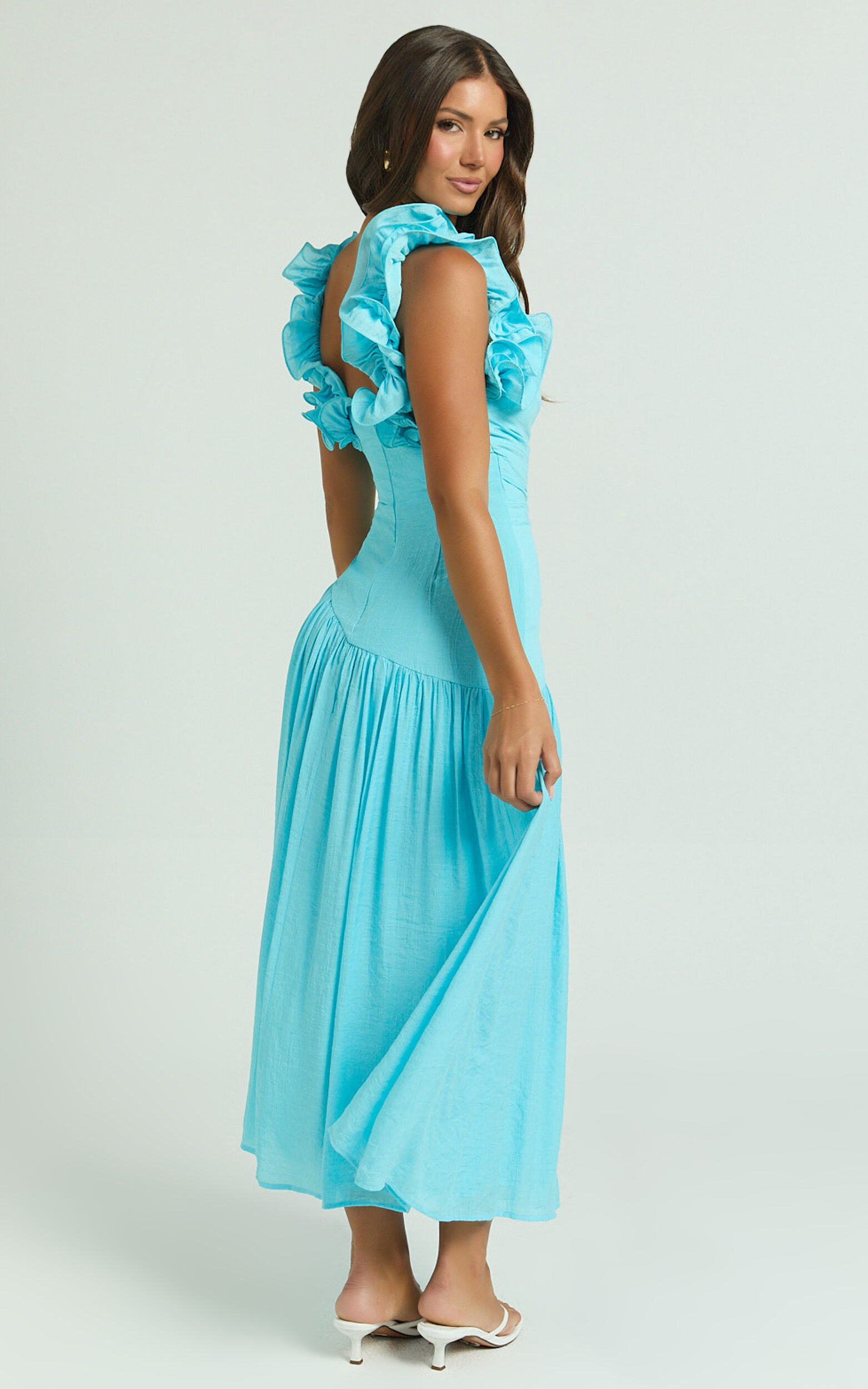 Memie Midi Dress - Drop Waist Ruffle Sleeve Dress in Blue