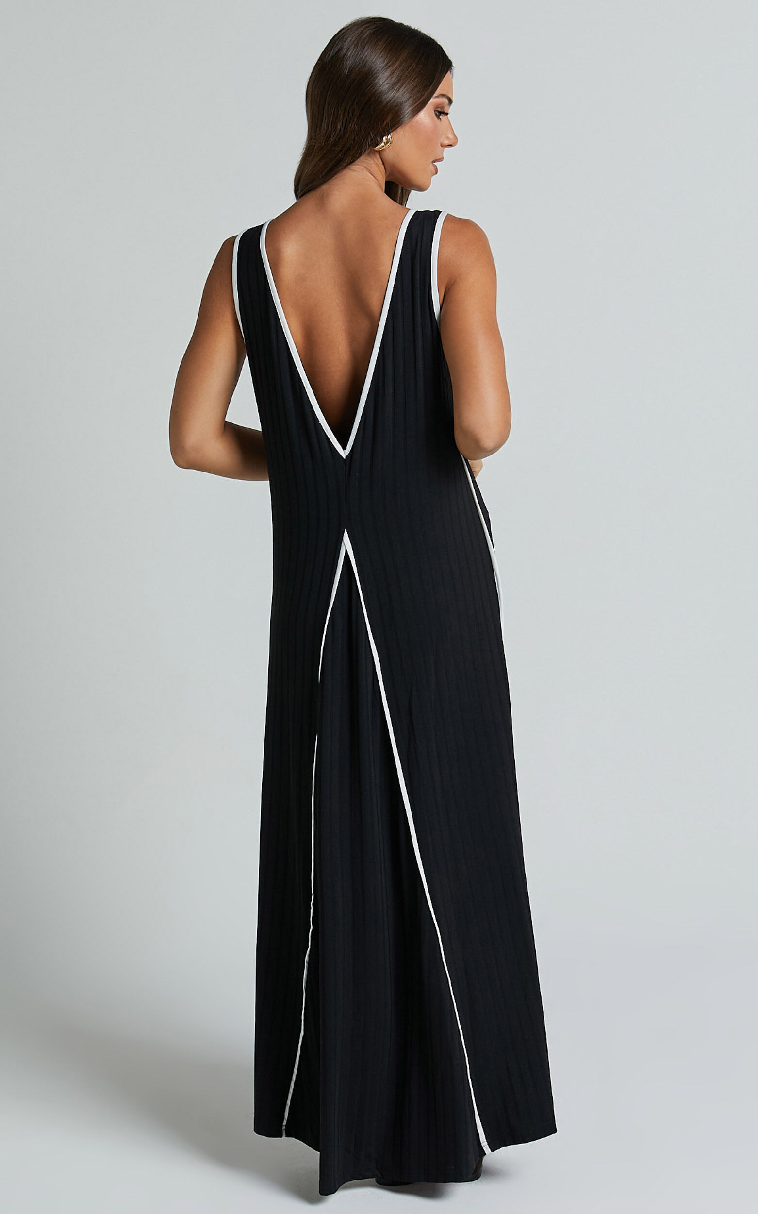 Cathleen Midi Dress - Ribbed Sleeveless Low Back Dress in Black