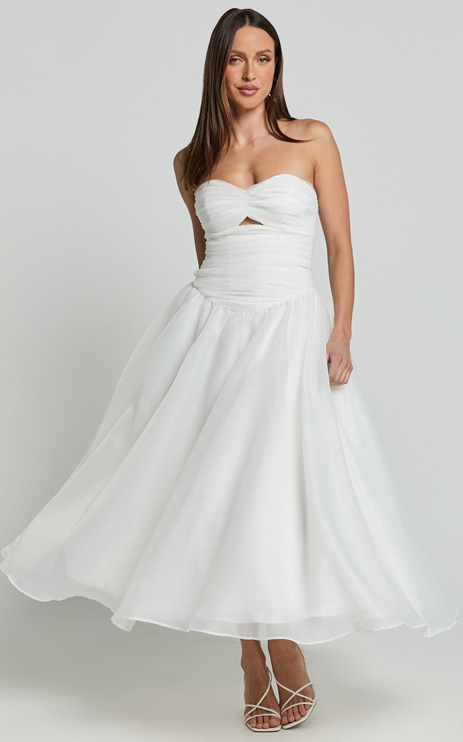 Madalyn Midi Dress - Strapless Sweetheart Bustier Dress in White