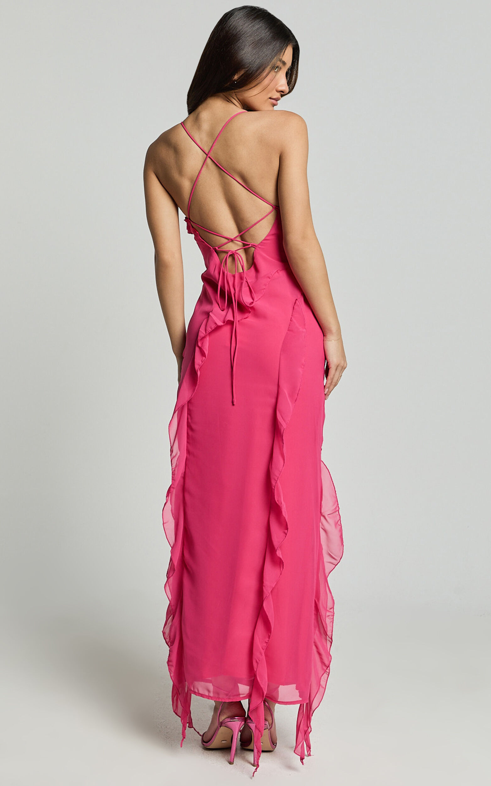 Connie Midi Dress- Ruffle Detail Dress in Hot Pink