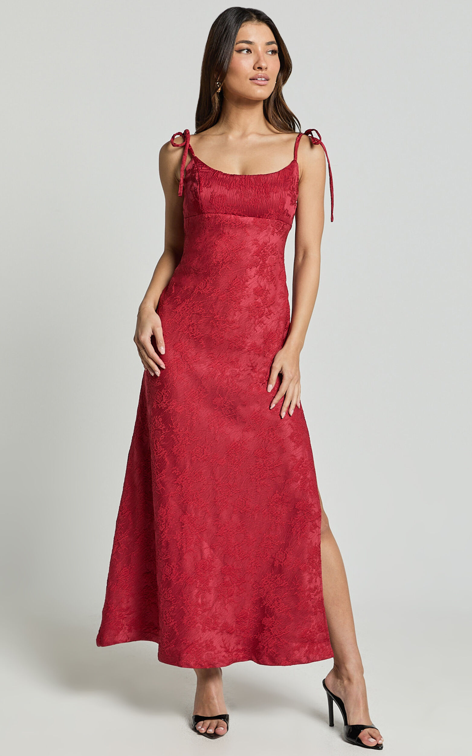 Romarie Maxi Dress - Tie Shoulder Backless Jacquard Dress in Red