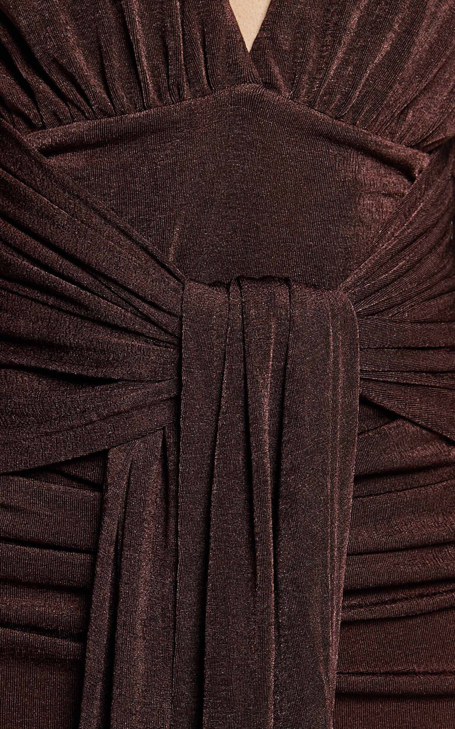 Melanie Midi Dress - Plunge Long Sleeve Tie Front Dress in Chocolate