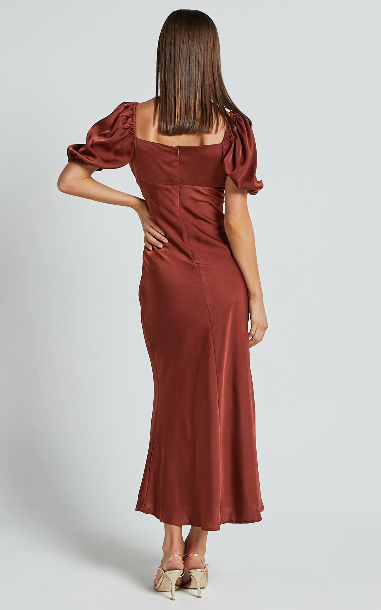 Catiana Midi Dress - V Neck Short Puff Sleeve Slip Dress in Chocolate