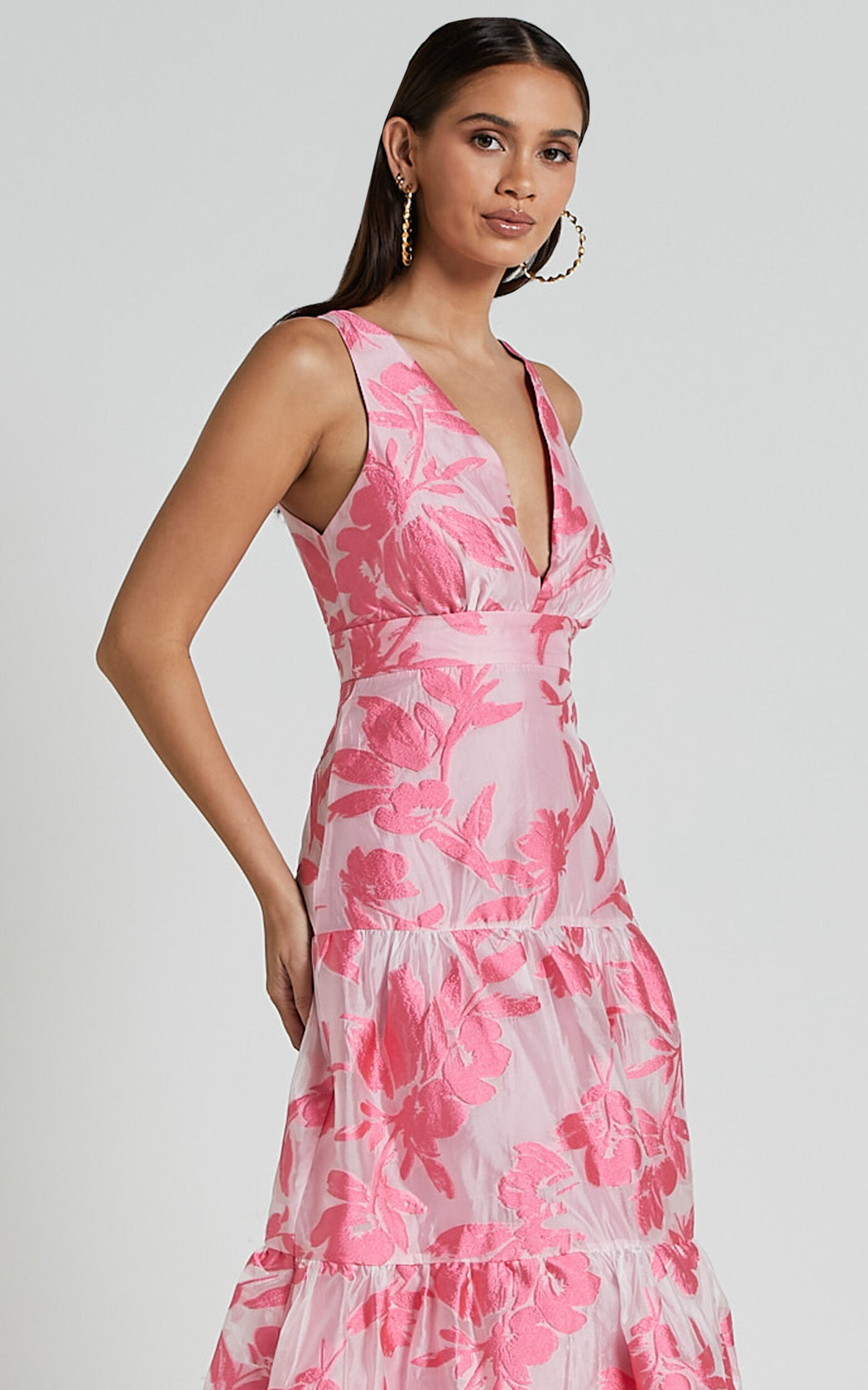 Reba Midi Dress - V Neck Tiered Jacquard Dress in Pink