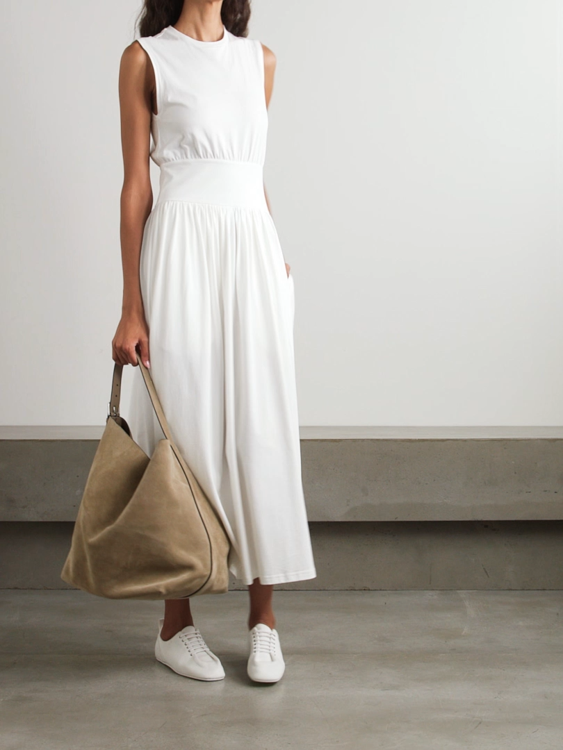 Pleated organic cotton-jersey midi dress
