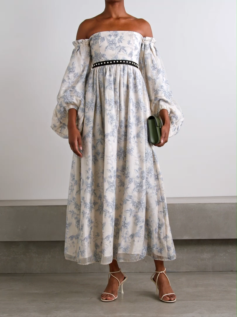 Alhelí Bougainvillea off-the-shoulder embellished tulle midi dress