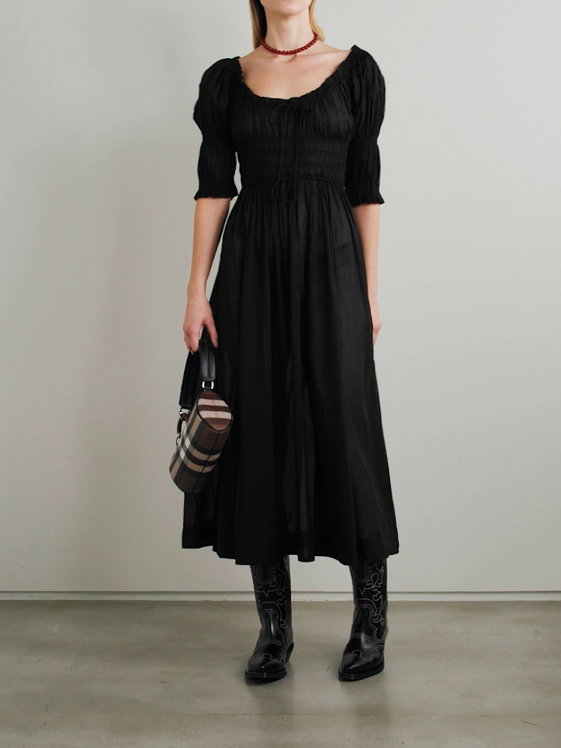 Ischia shirred organic cotton-voile midi dress