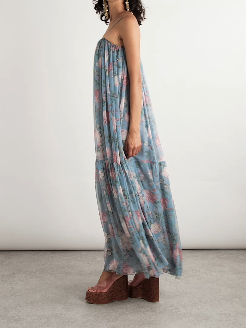Gathered floral-print silk maxi dress