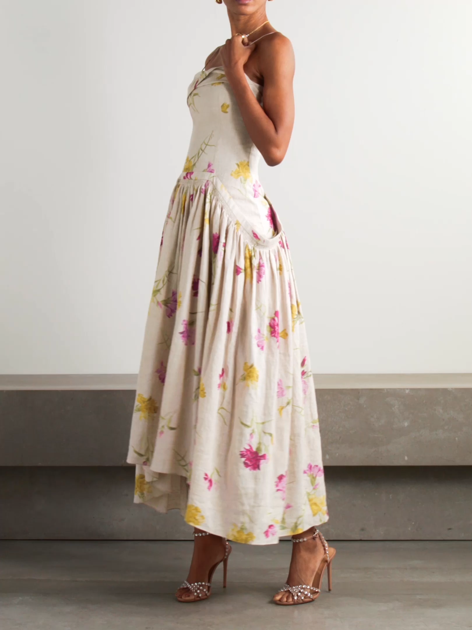 Floral-print linen midi dress