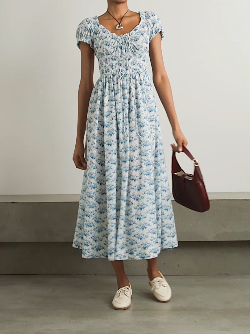 Ashlynn tie-detailed shirred floral-print organic cotton-voile midi dress
