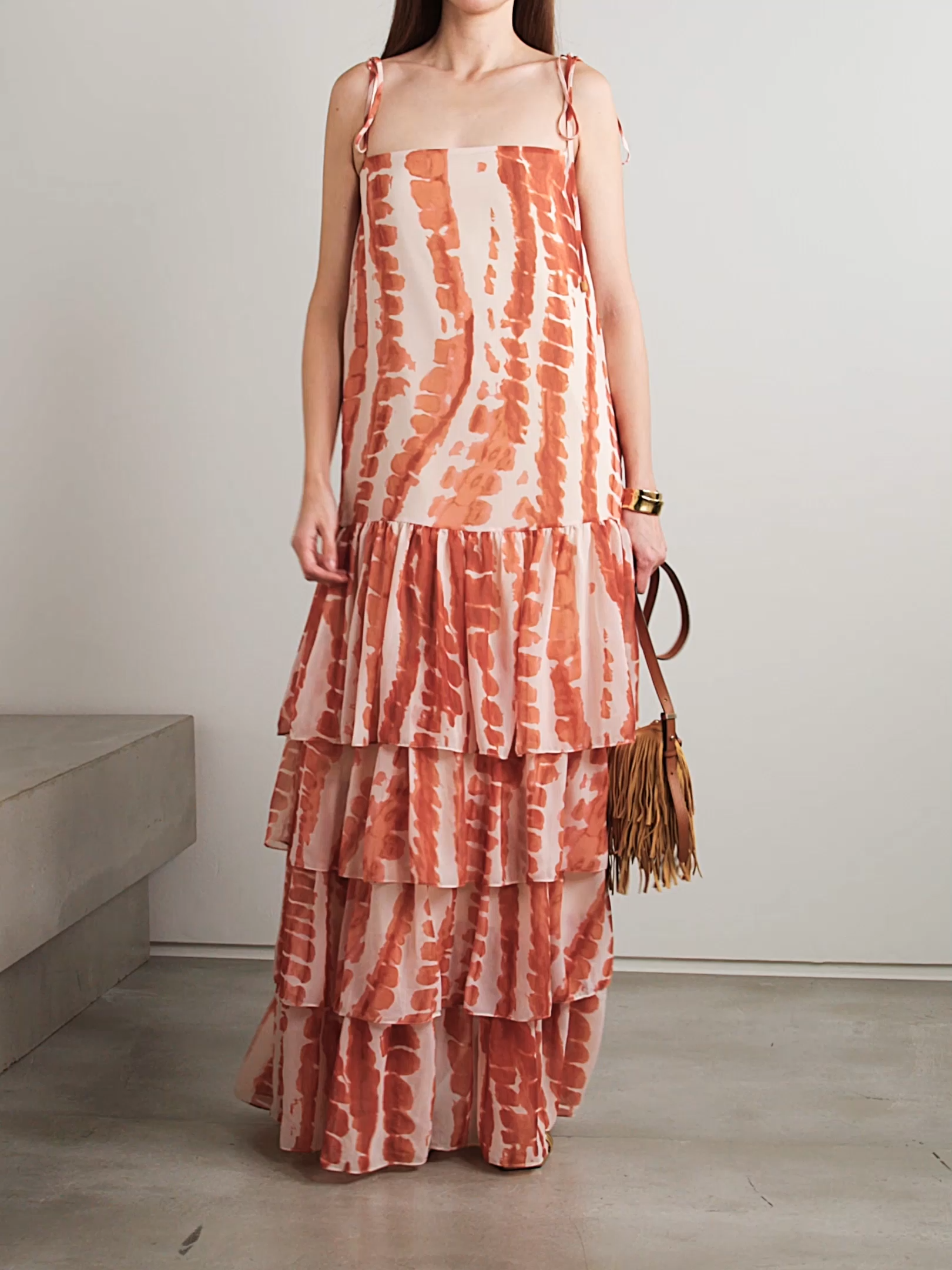 Tha embellished tiered printed recycled-chiffon maxi dress